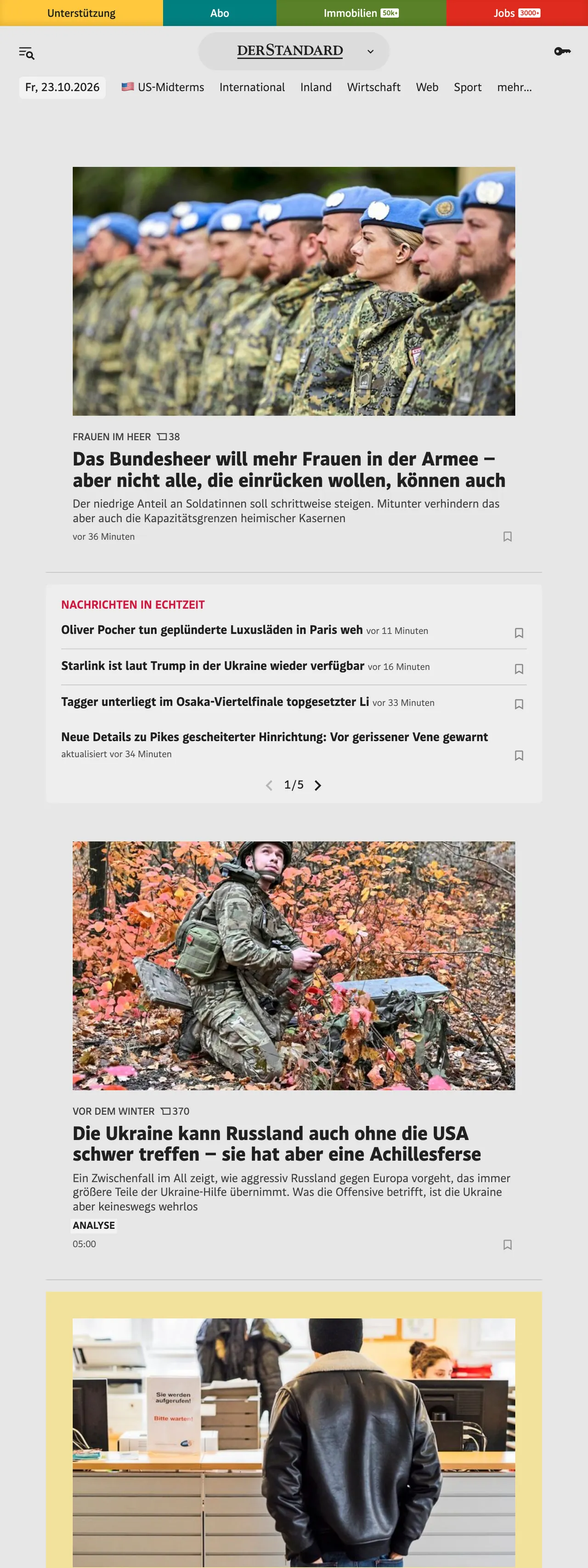 Screenshot of the DER STANDARD front page