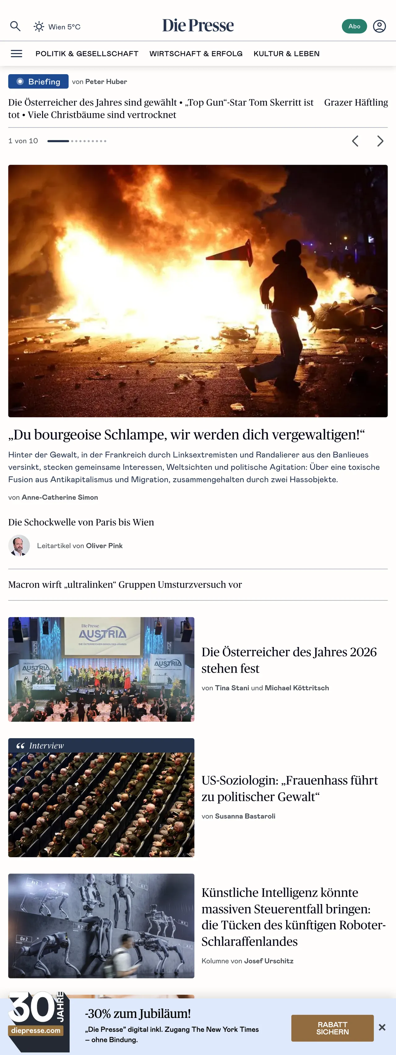 Screenshot of the Die Presse front page