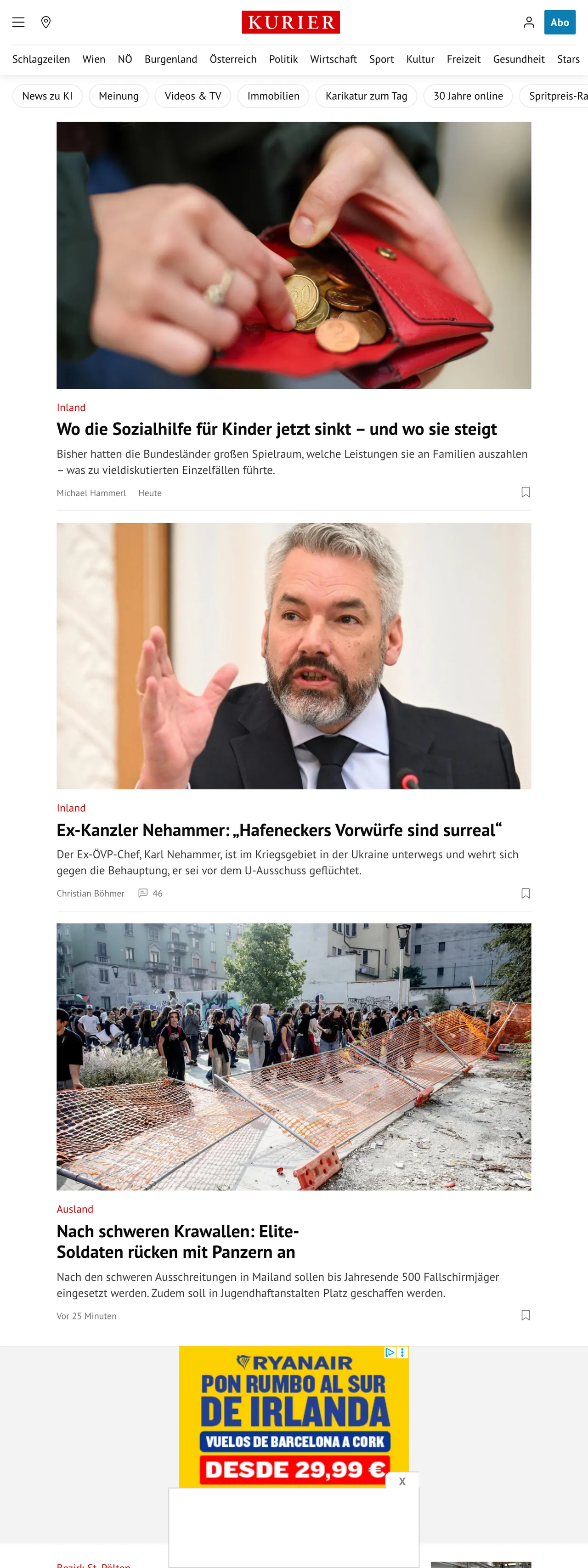 Screenshot of the Kurier front page