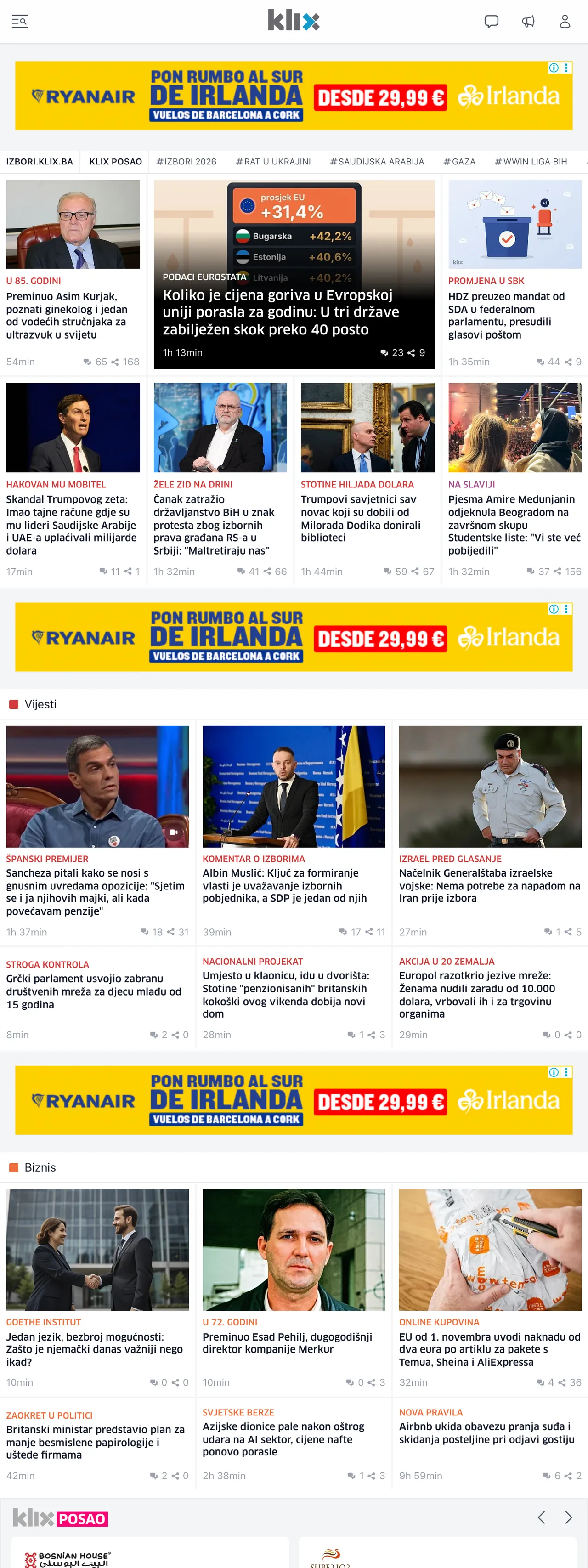 Screenshot of the Klix.ba front page