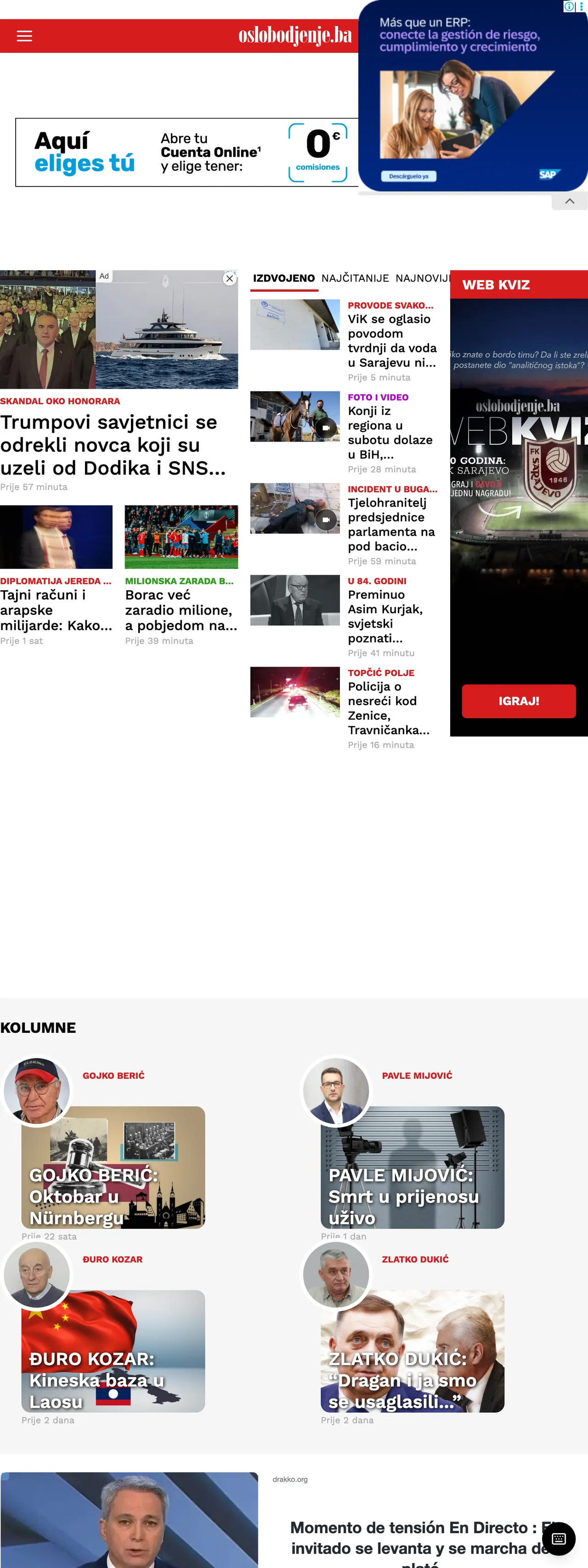 Screenshot of the Oslobođenje front page