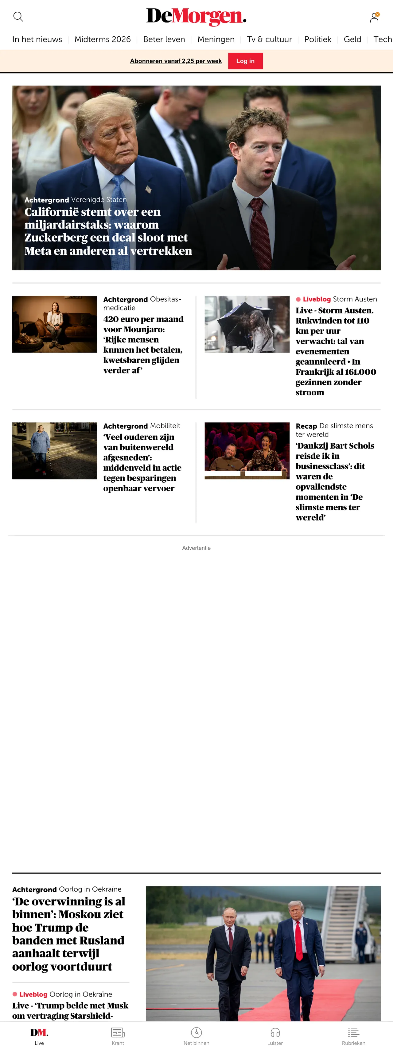 Screenshot of the De Morgen front page