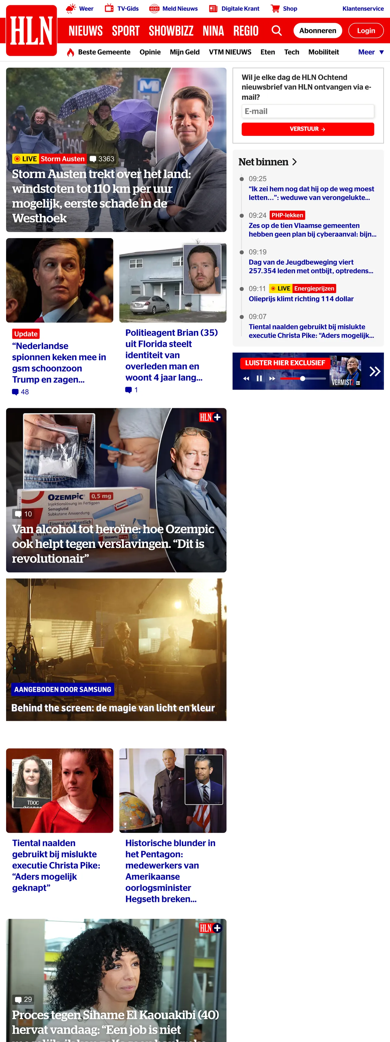 Screenshot of the HLN front page