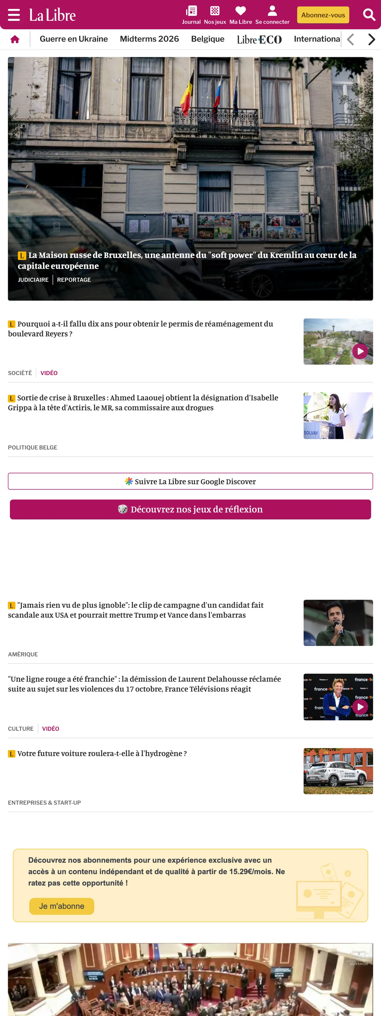 Screenshot of the La Libre front page