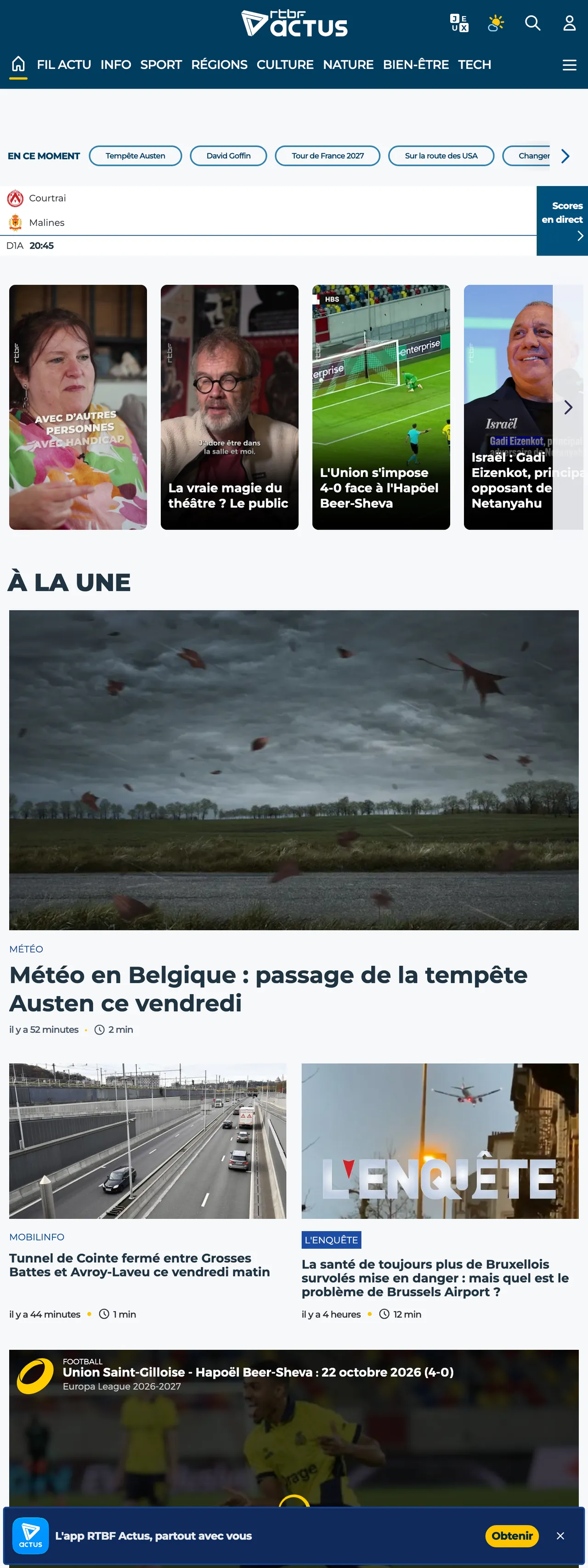 Screenshot of the RTBF front page