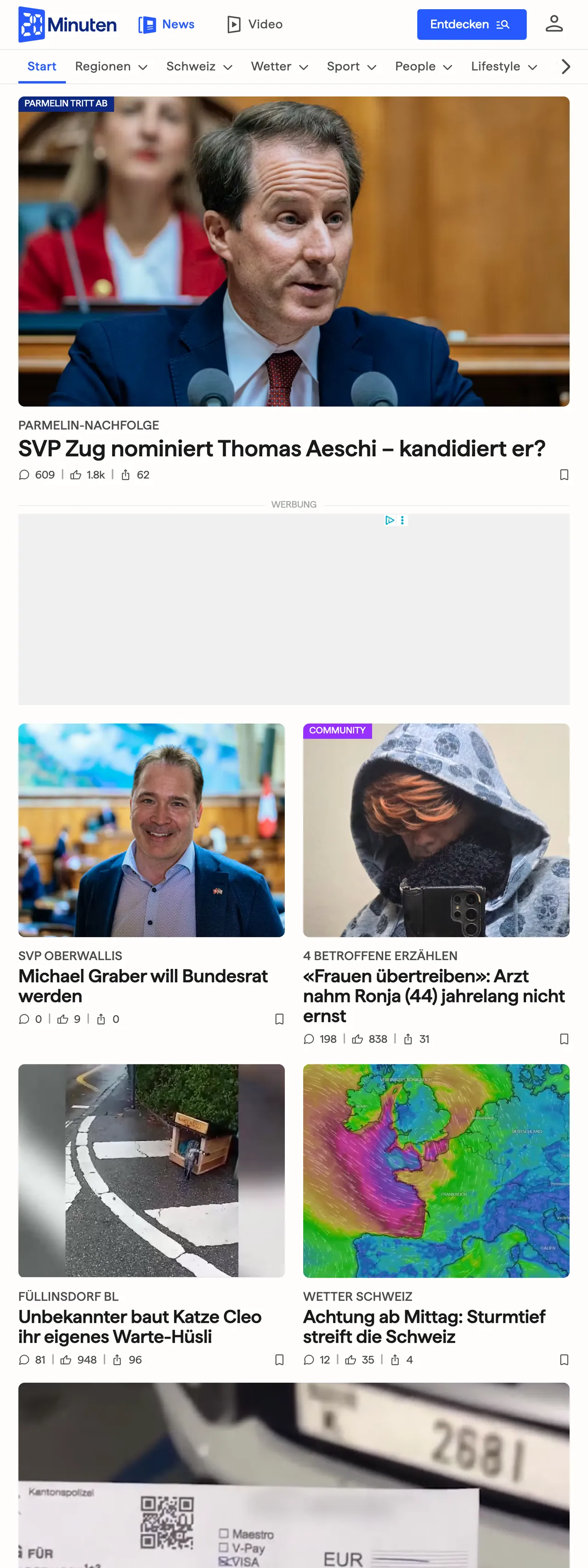 Screenshot of the 20 Minuten front page