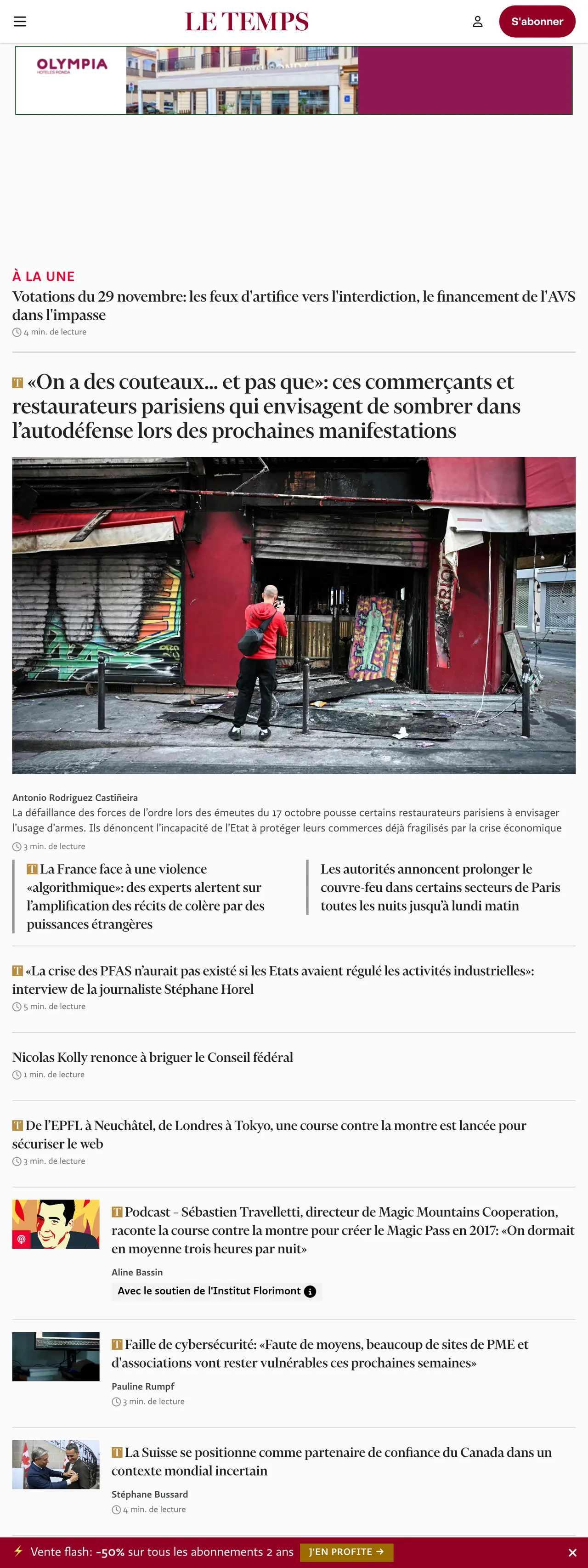 Screenshot of the Le Temps front page