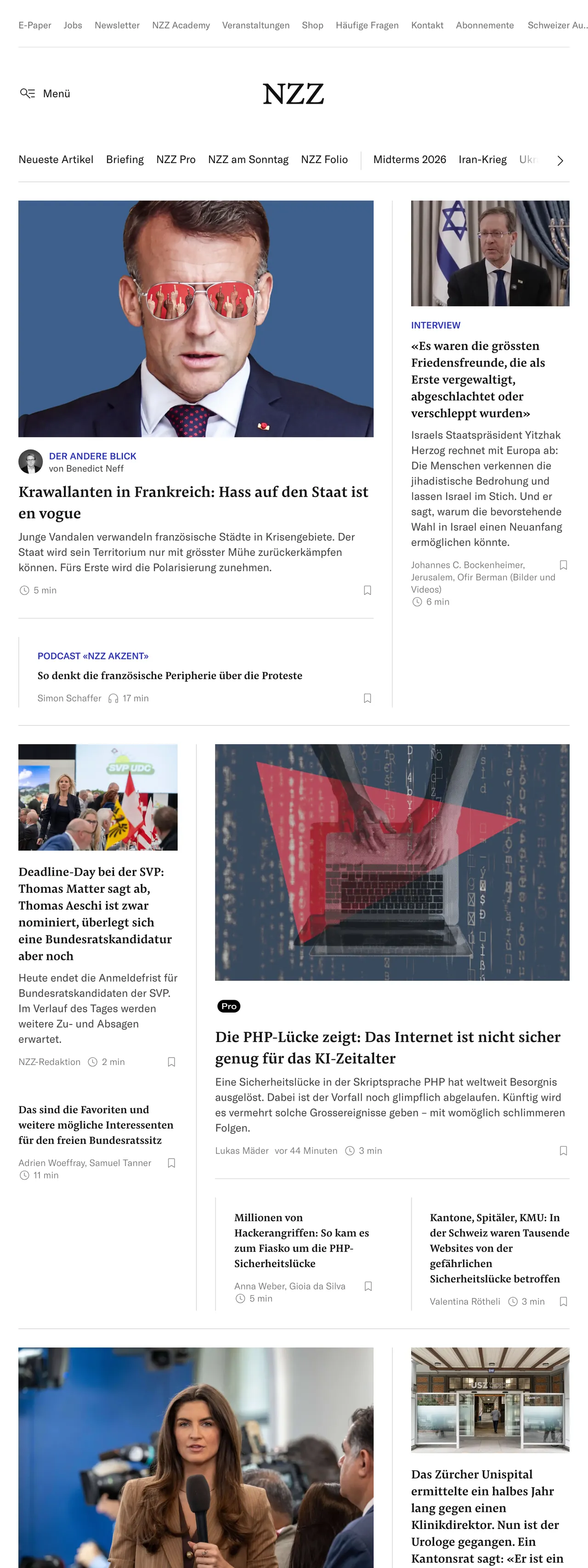 Screenshot of the Neue Zürcher Zeitung front page