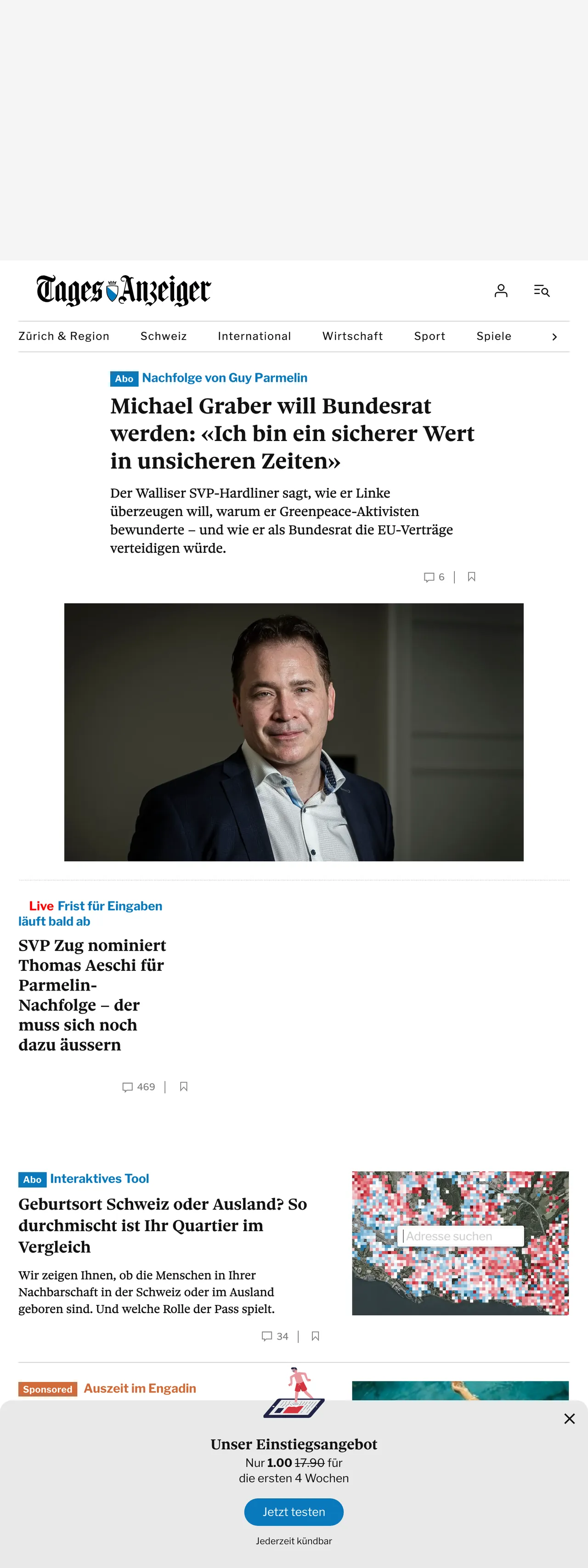 Screenshot of the Tages-Anzeiger front page