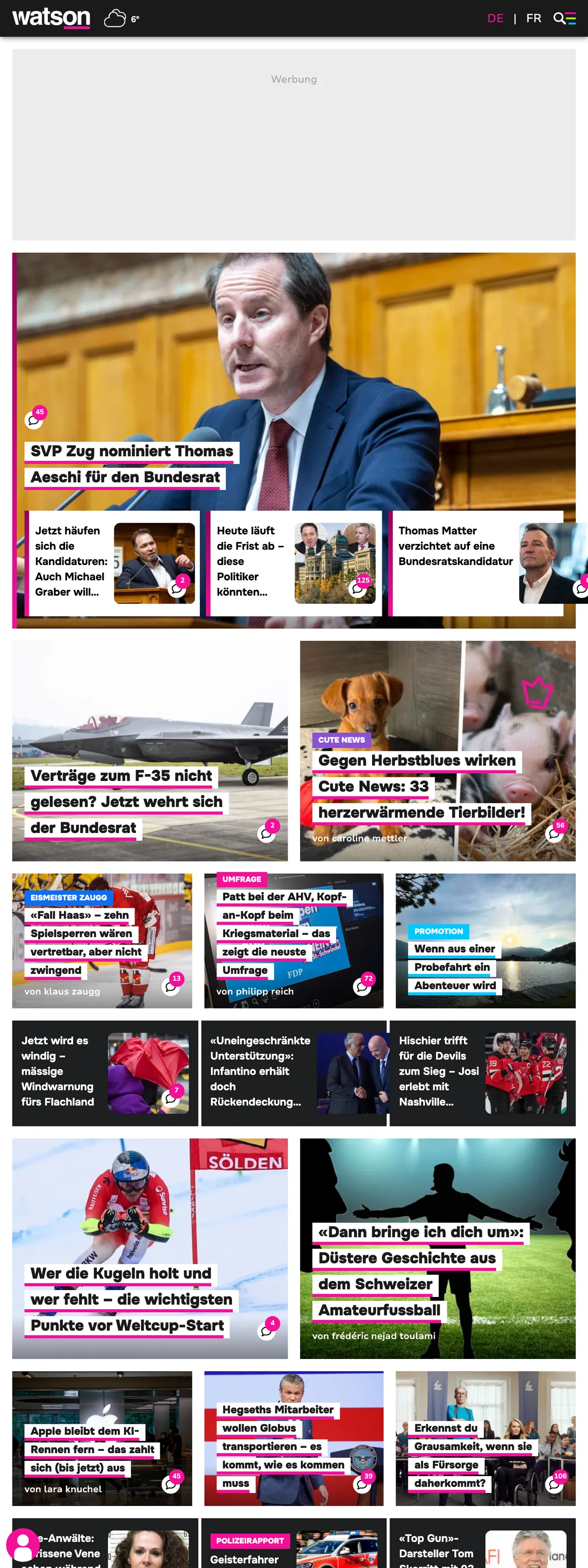 Screenshot of the watson front page