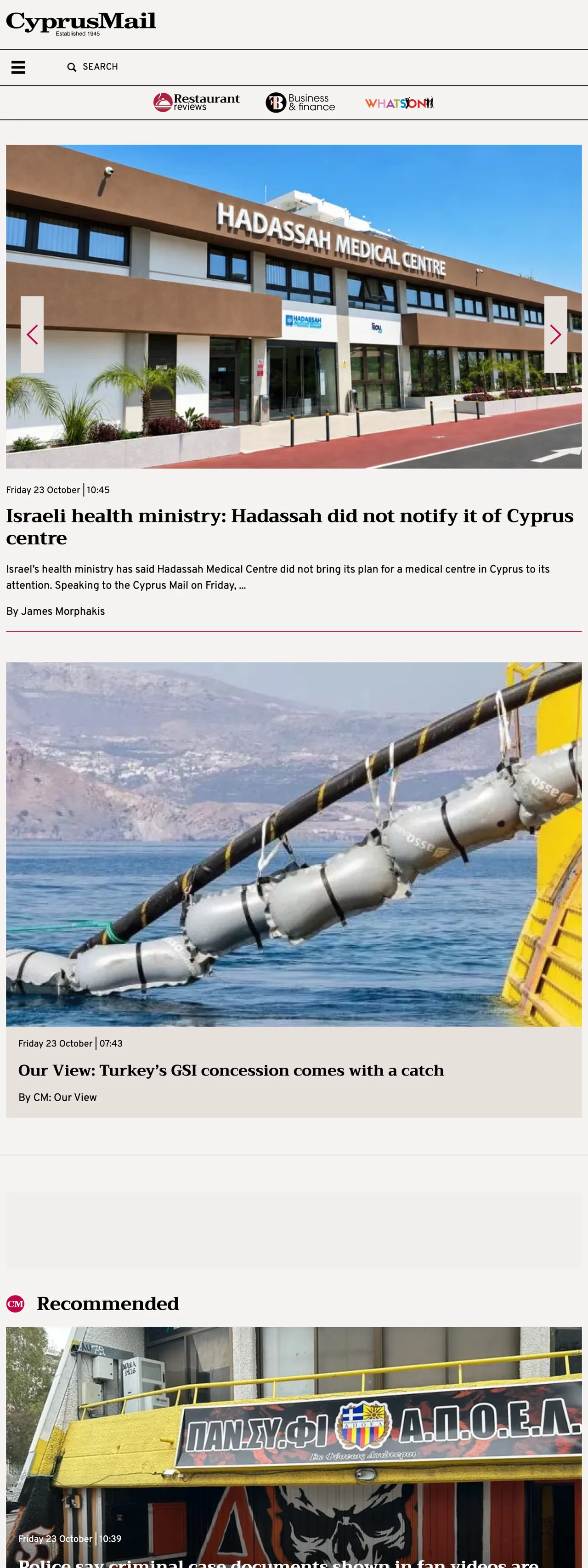Screenshot of the Cyprus Mail front page