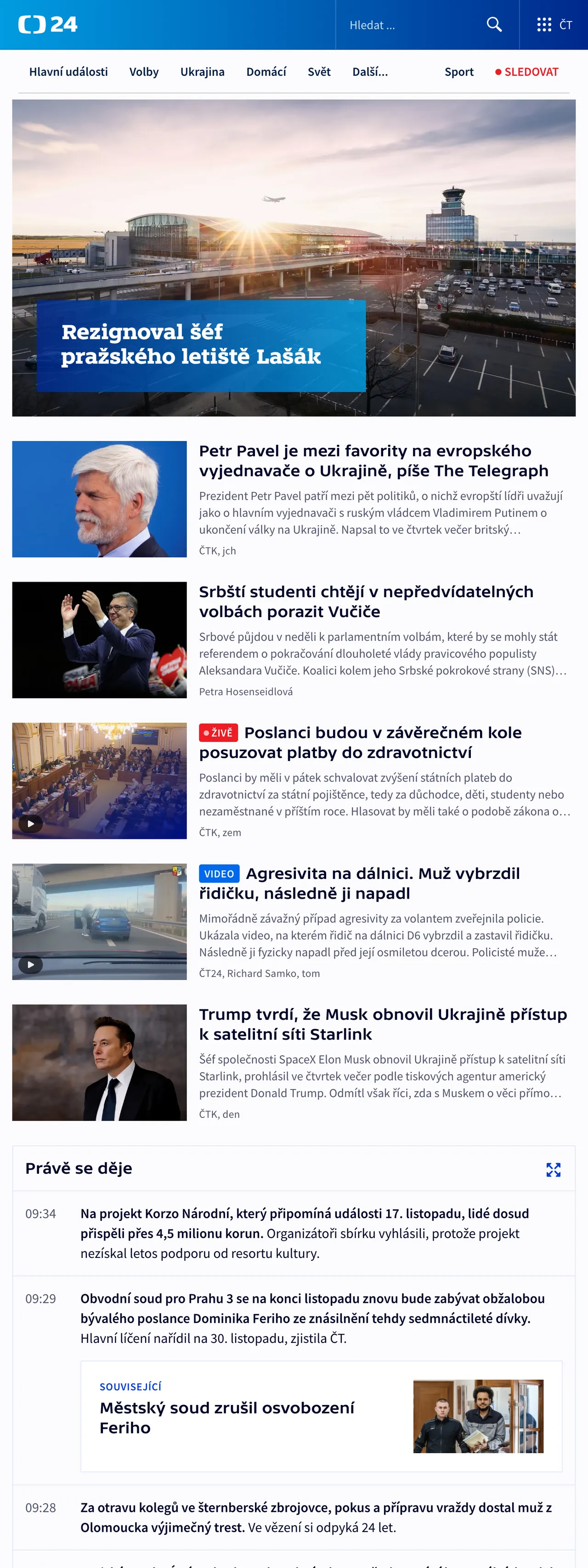 Screenshot of the ČT24 front page