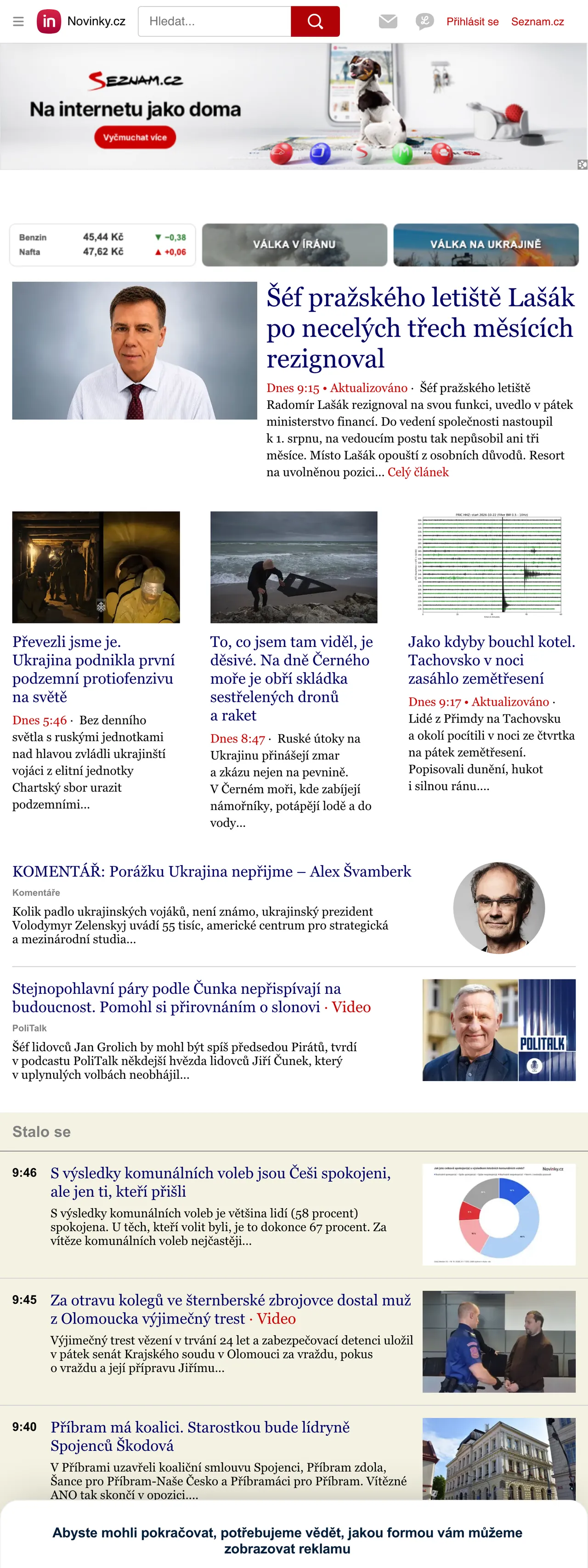 Screenshot of the Novinky.cz front page