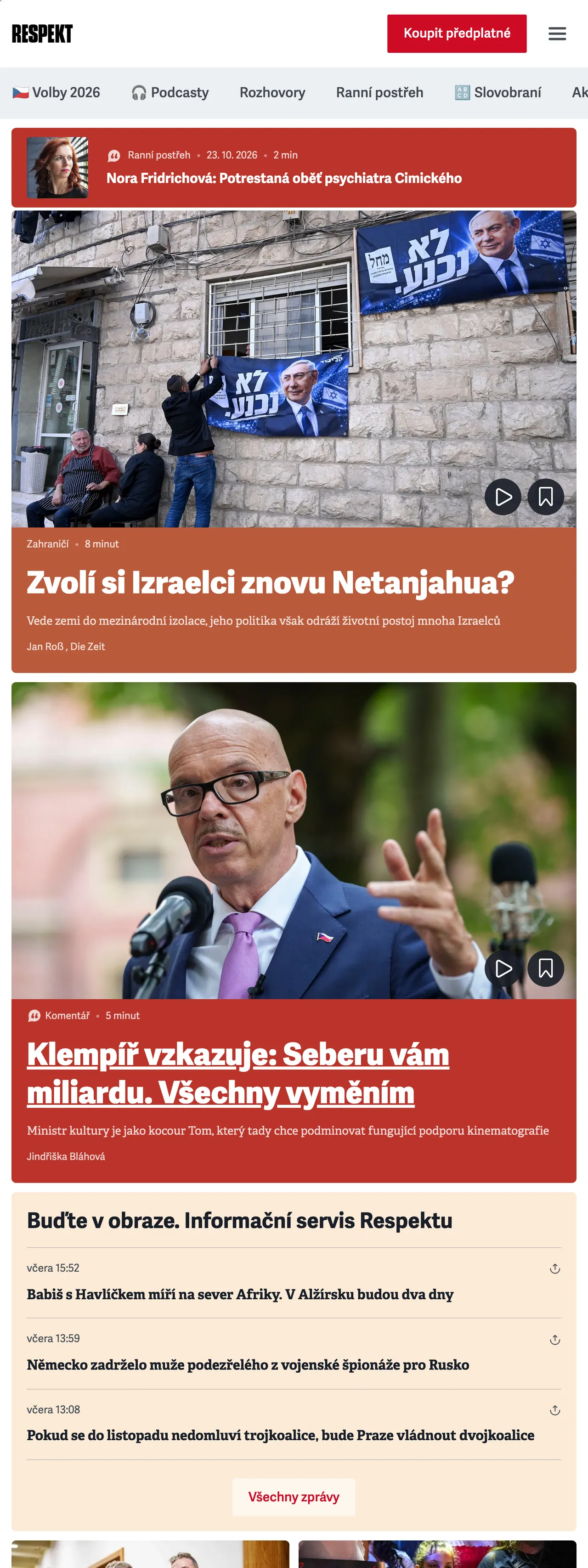 Screenshot of the Respekt front page