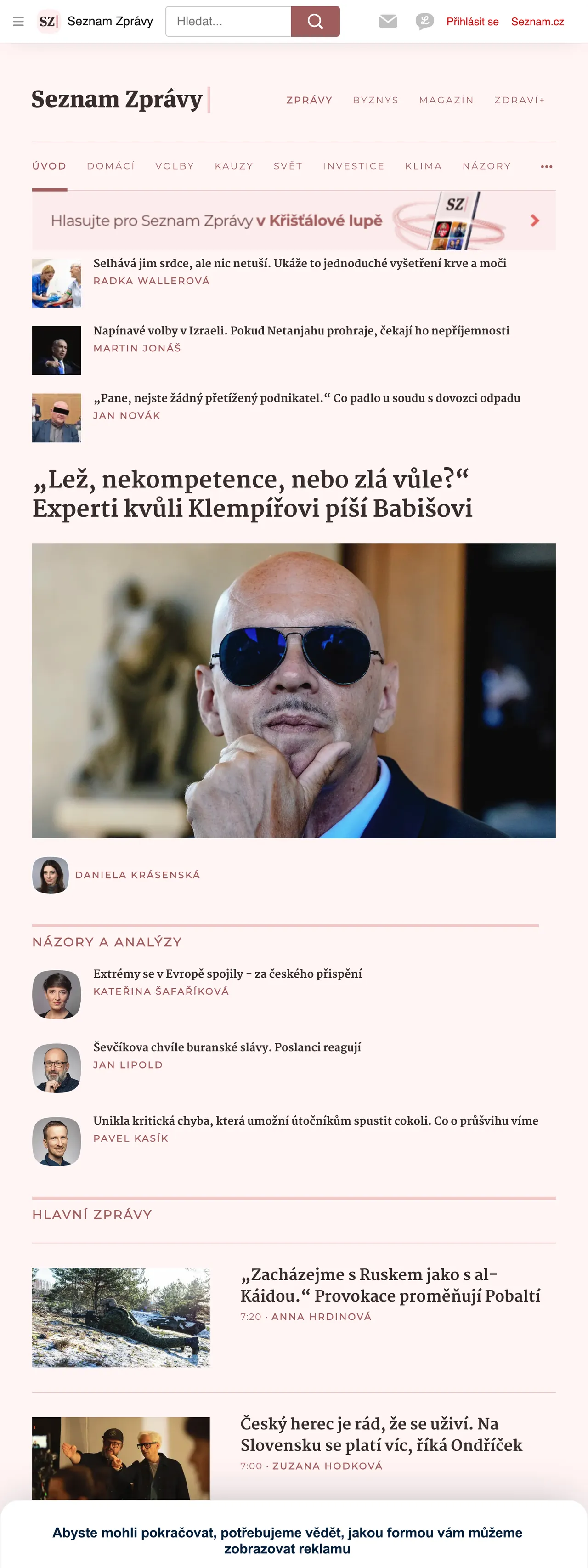 Screenshot of the Seznam Zprávy front page