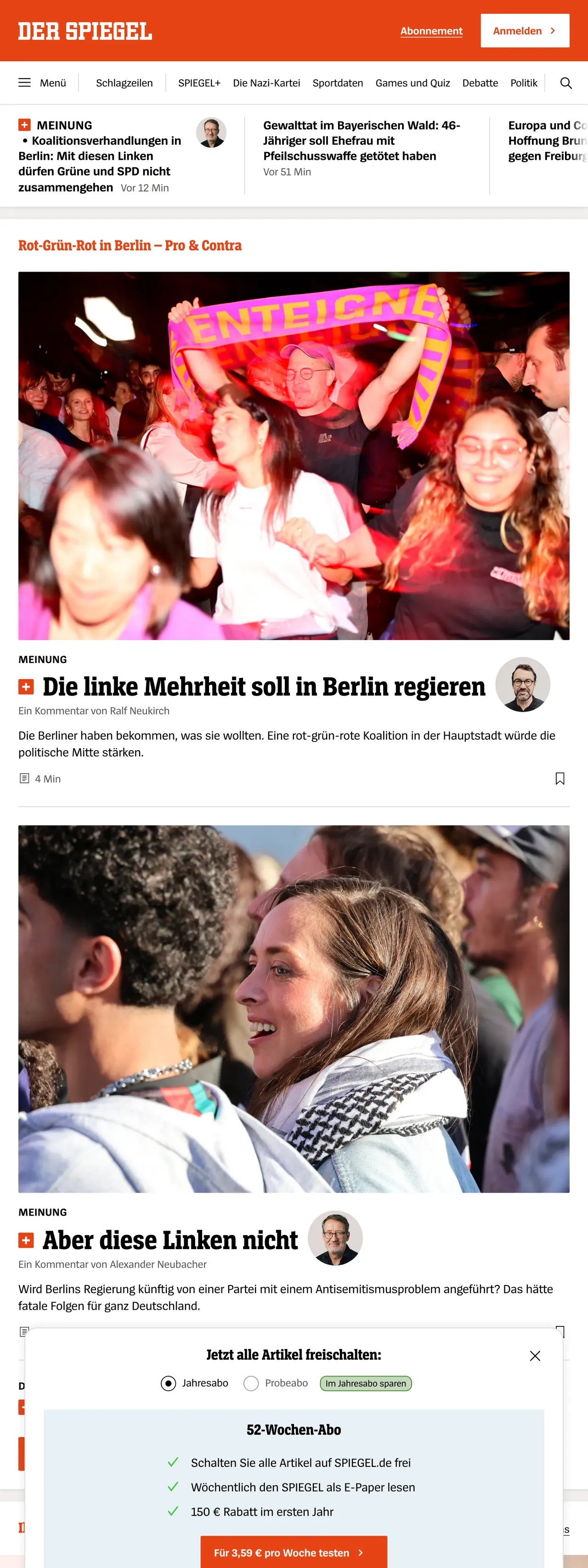 Screenshot of the DER SPIEGEL front page