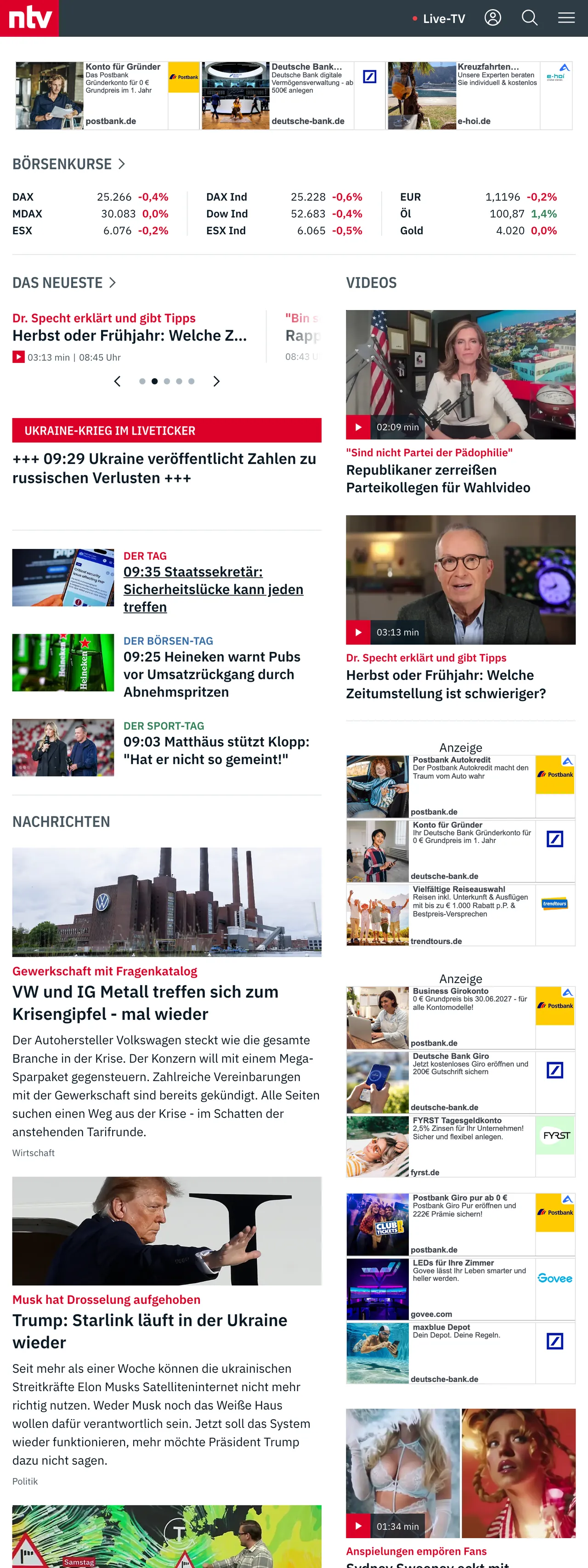 Screenshot of the n-tv front page