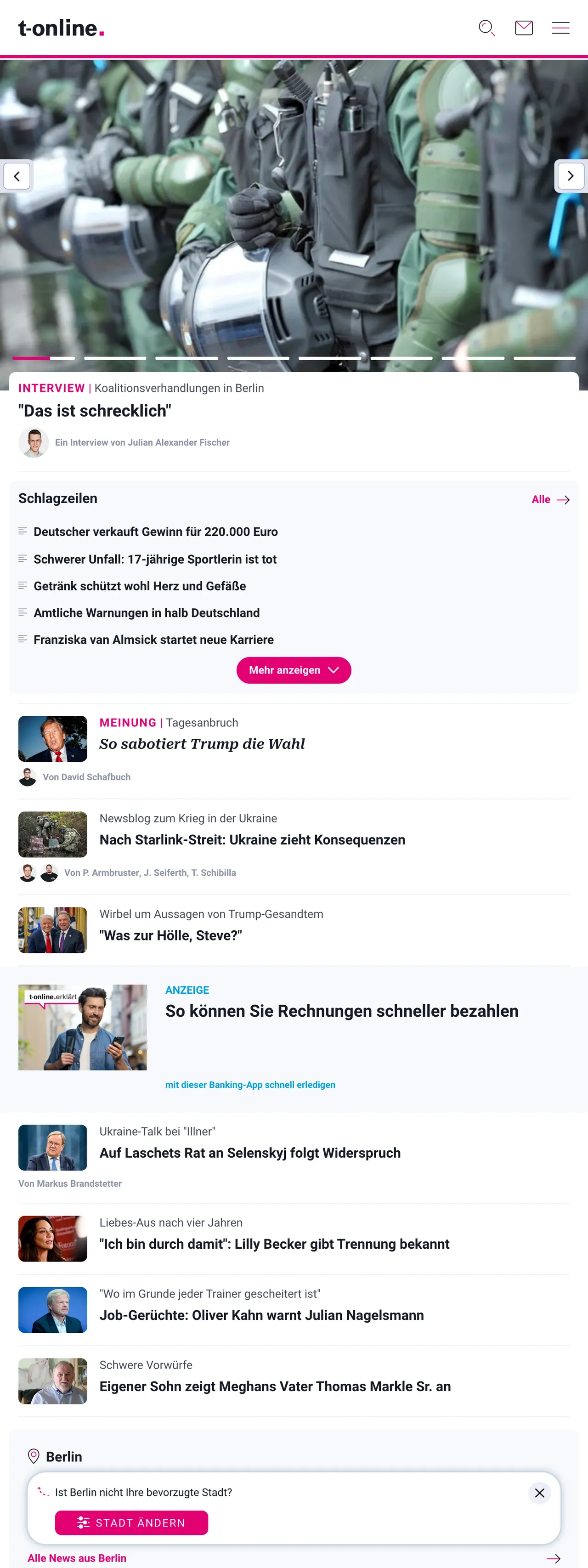 Screenshot of the t-online front page