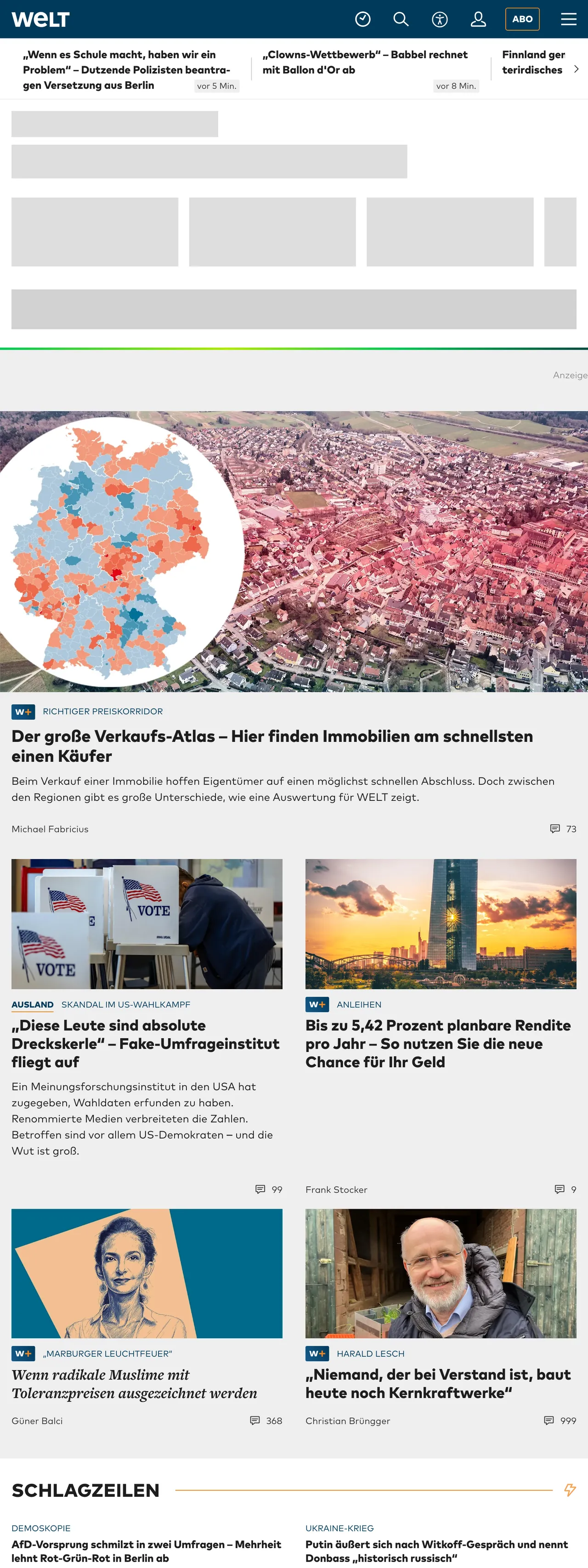 Screenshot of the WELT front page