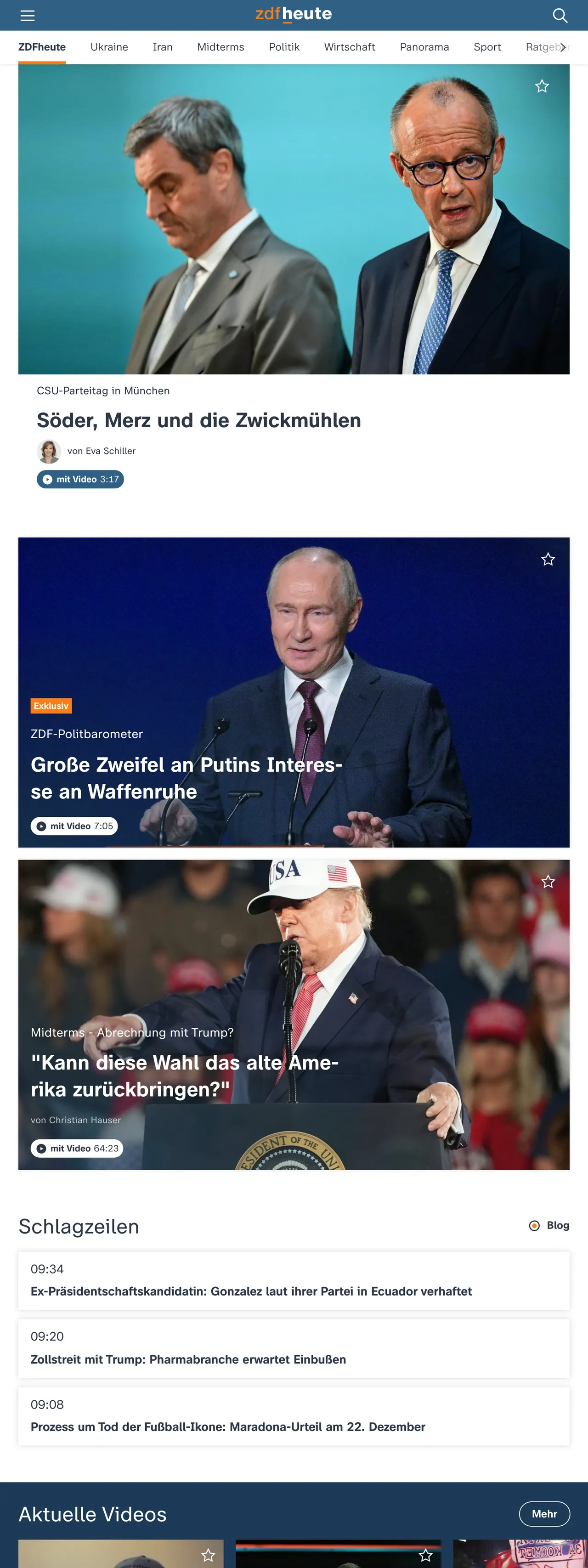 Screenshot of the ZDFheute front page