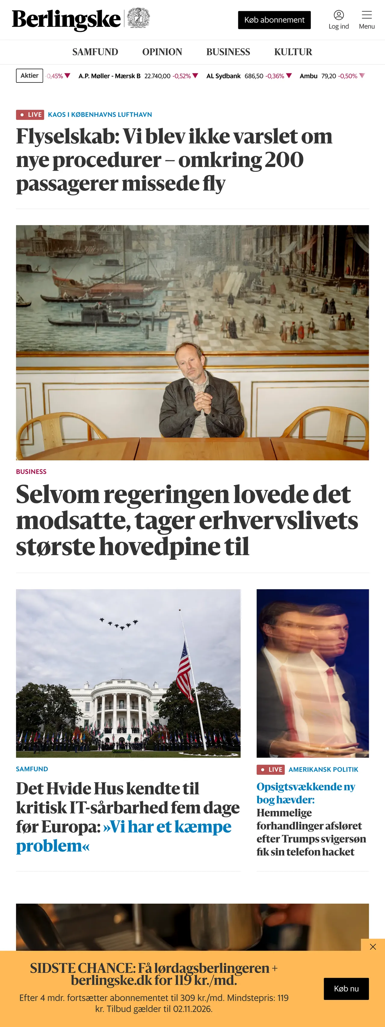 Screenshot of the Berlingske front page