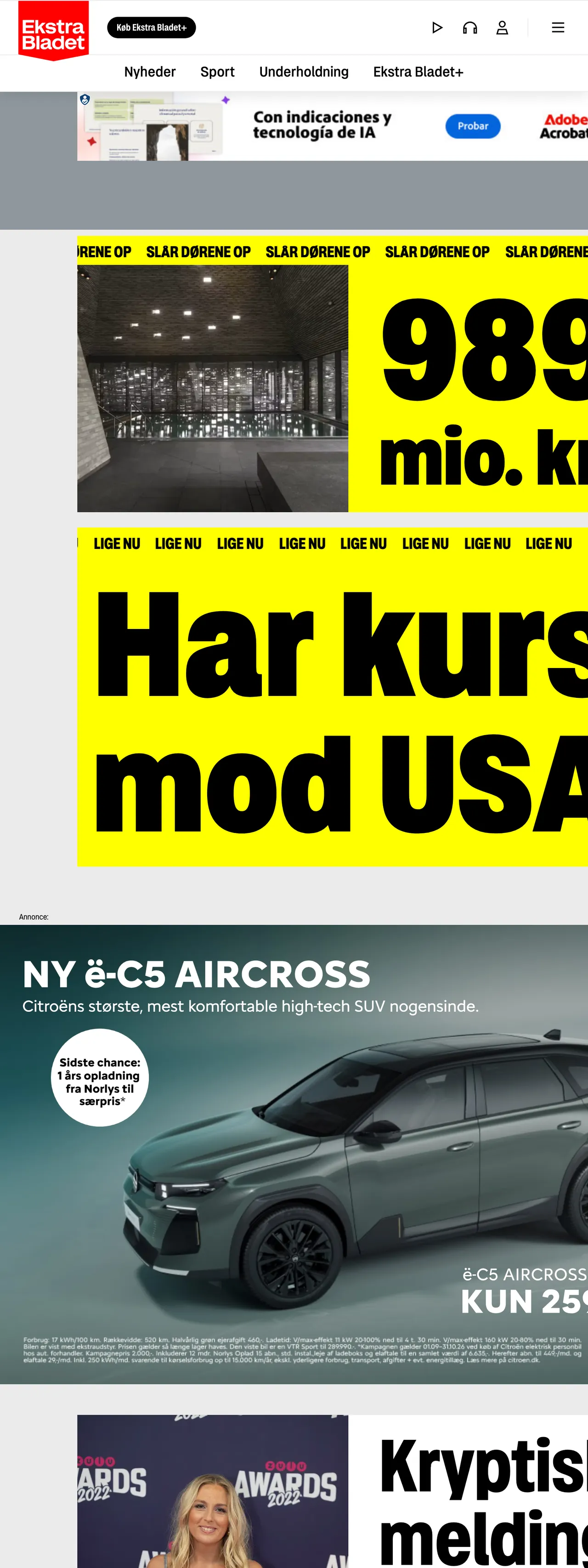 Screenshot of the Ekstra Bladet front page