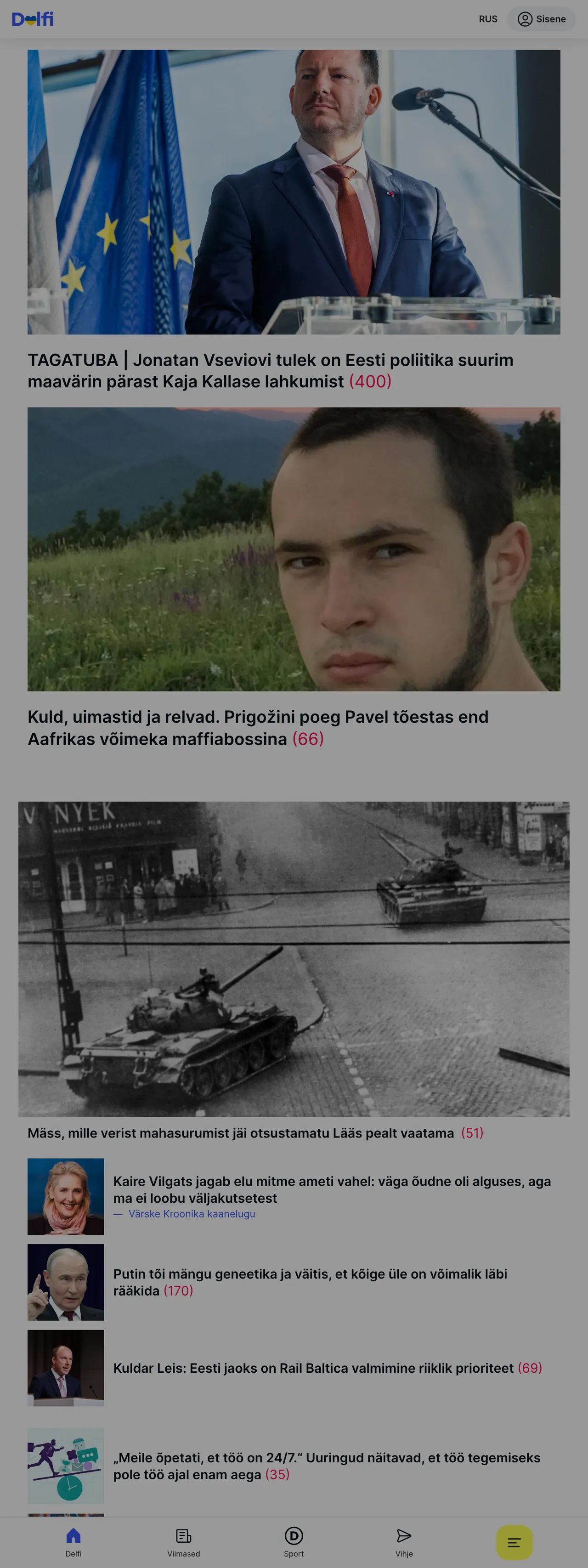 Screenshot of the Delfi front page