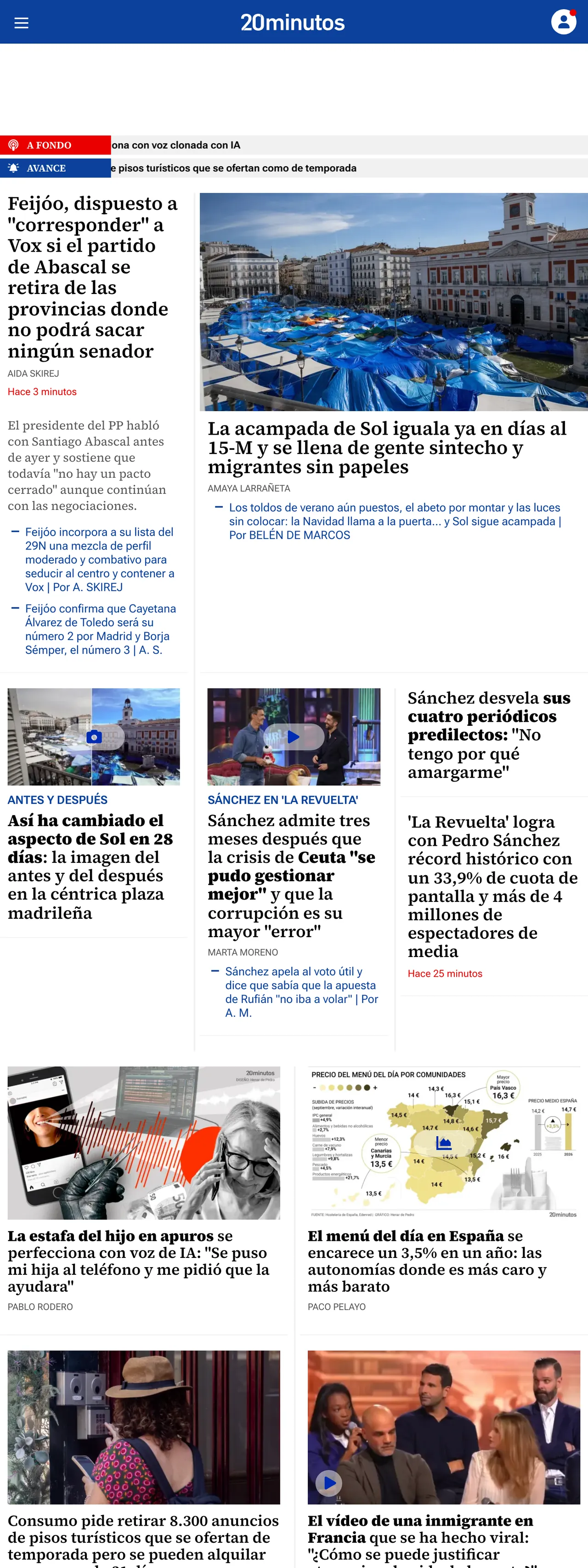 Screenshot of the 20minutos front page