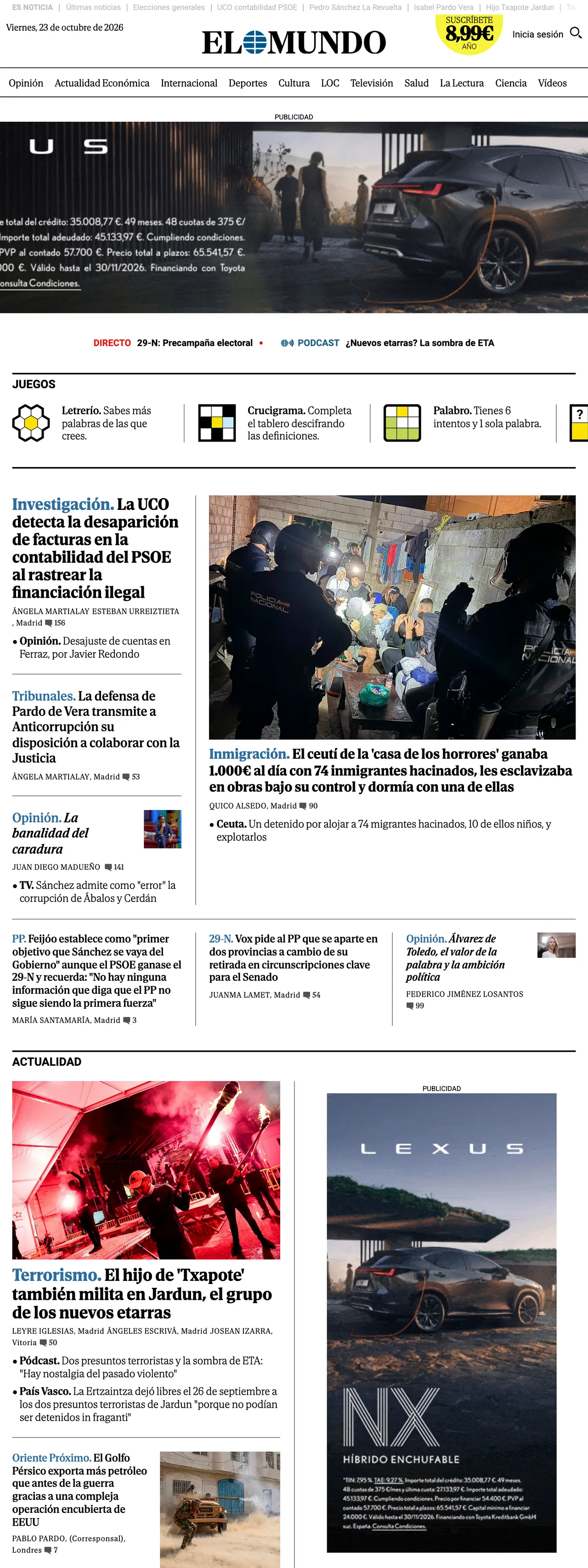 Screenshot of the El Mundo front page