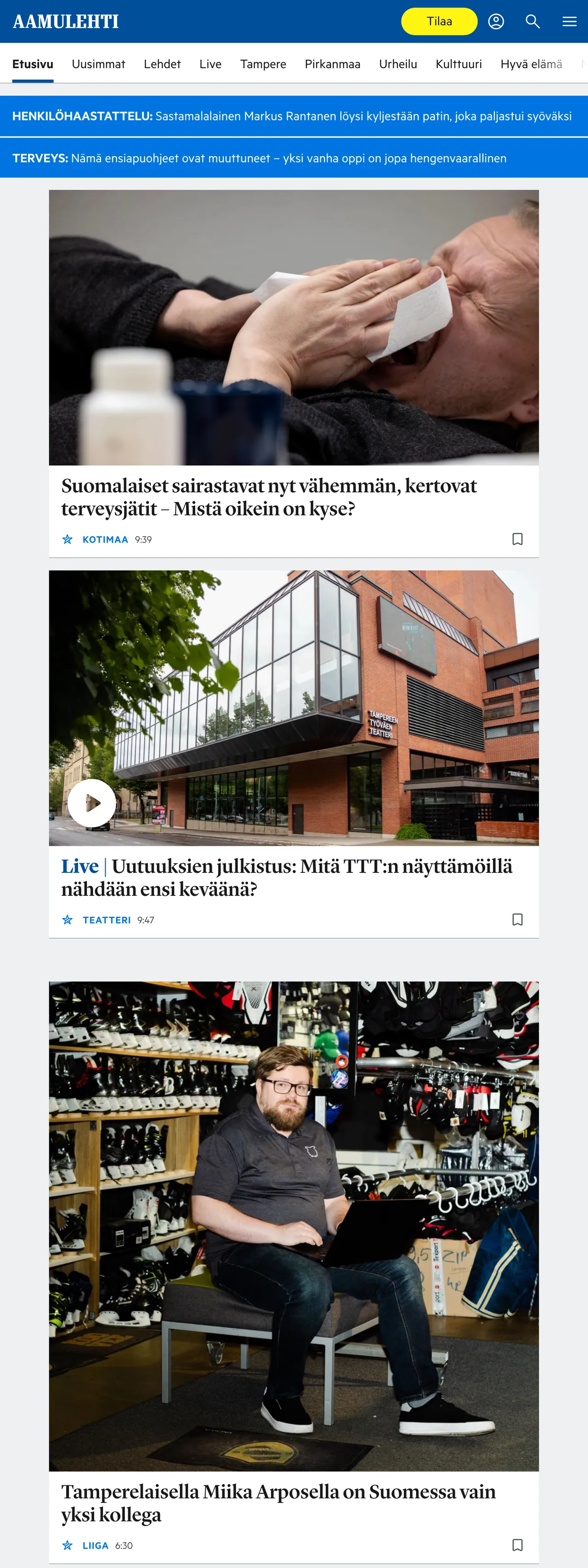 Screenshot of the Aamulehti front page