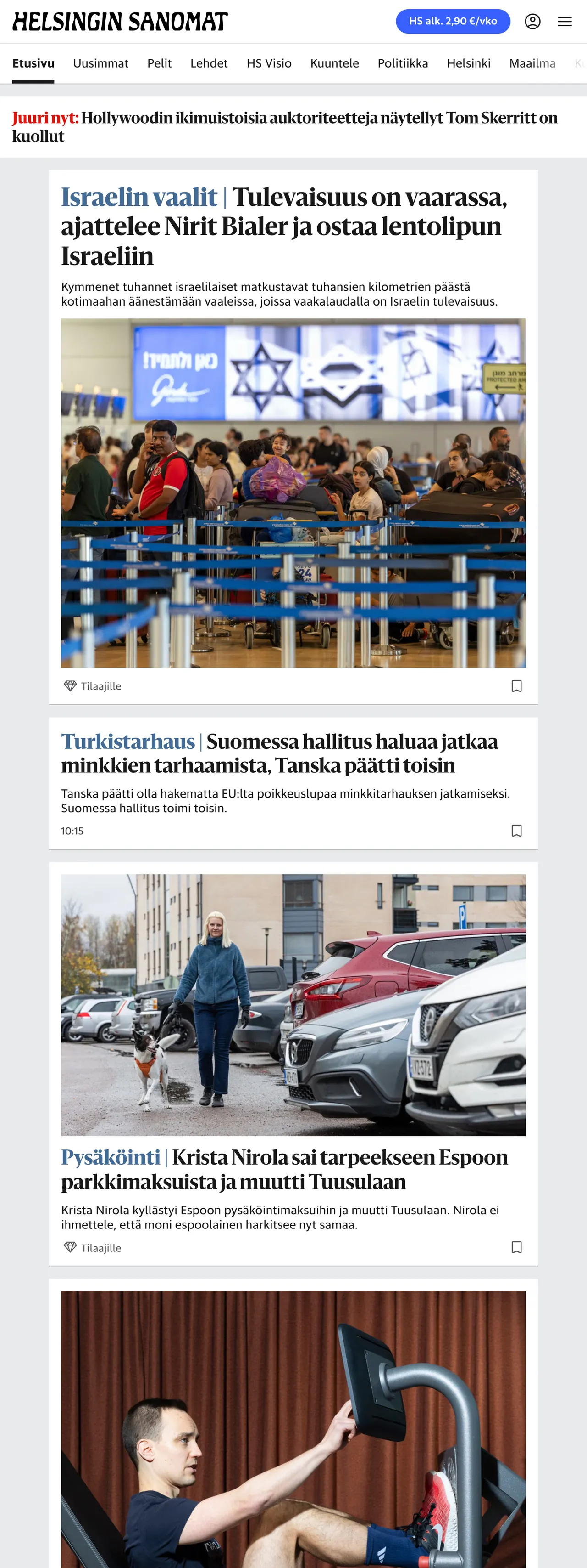 Screenshot of the Helsingin Sanomat front page