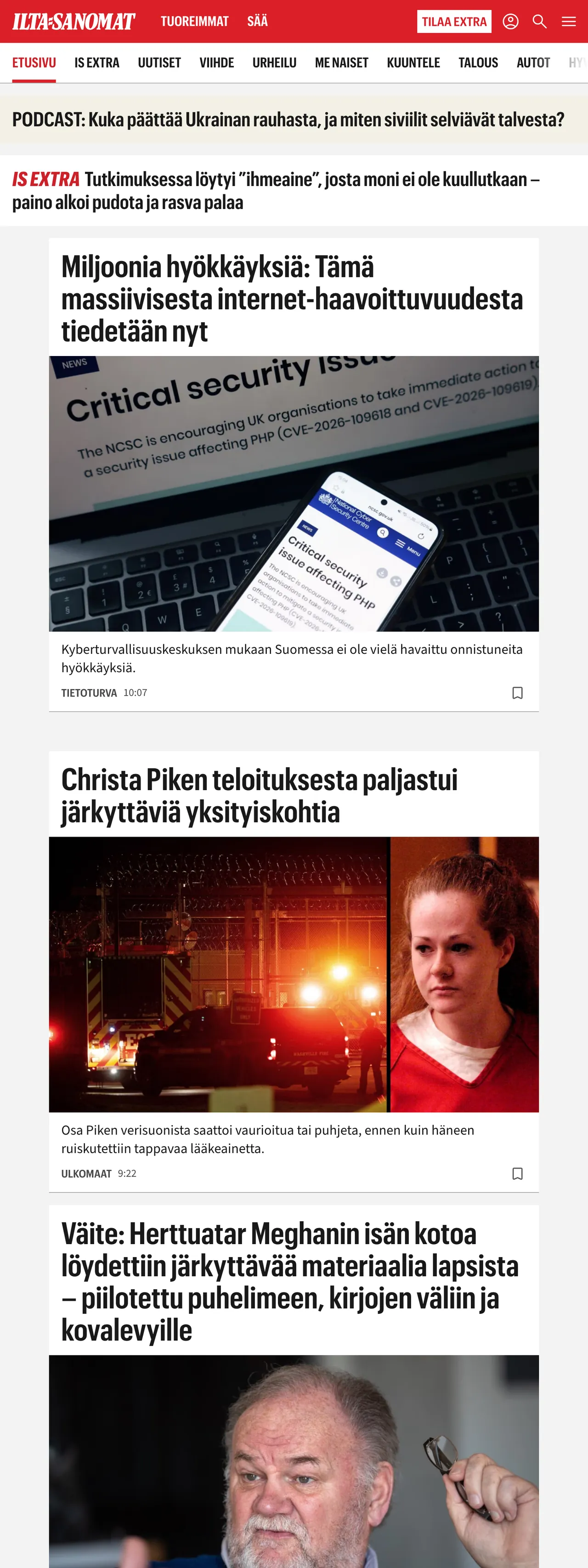 Screenshot of the Ilta-Sanomat front page