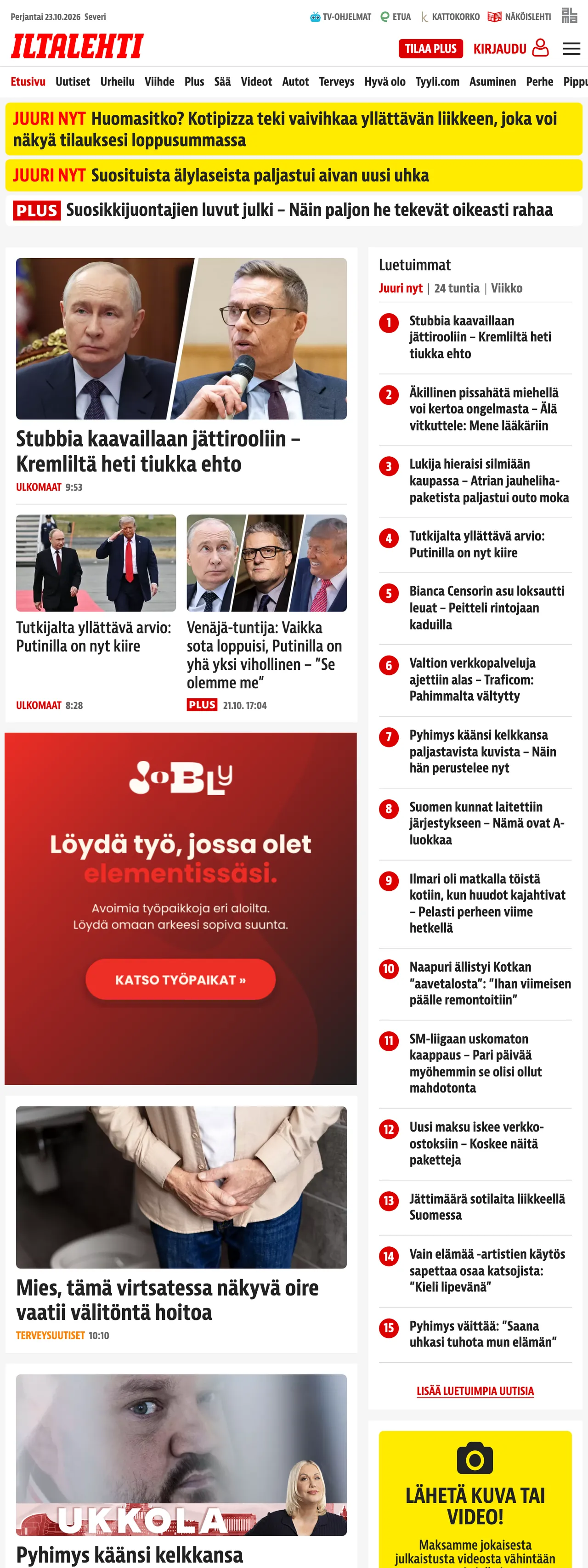 Screenshot of the Iltalehti front page
