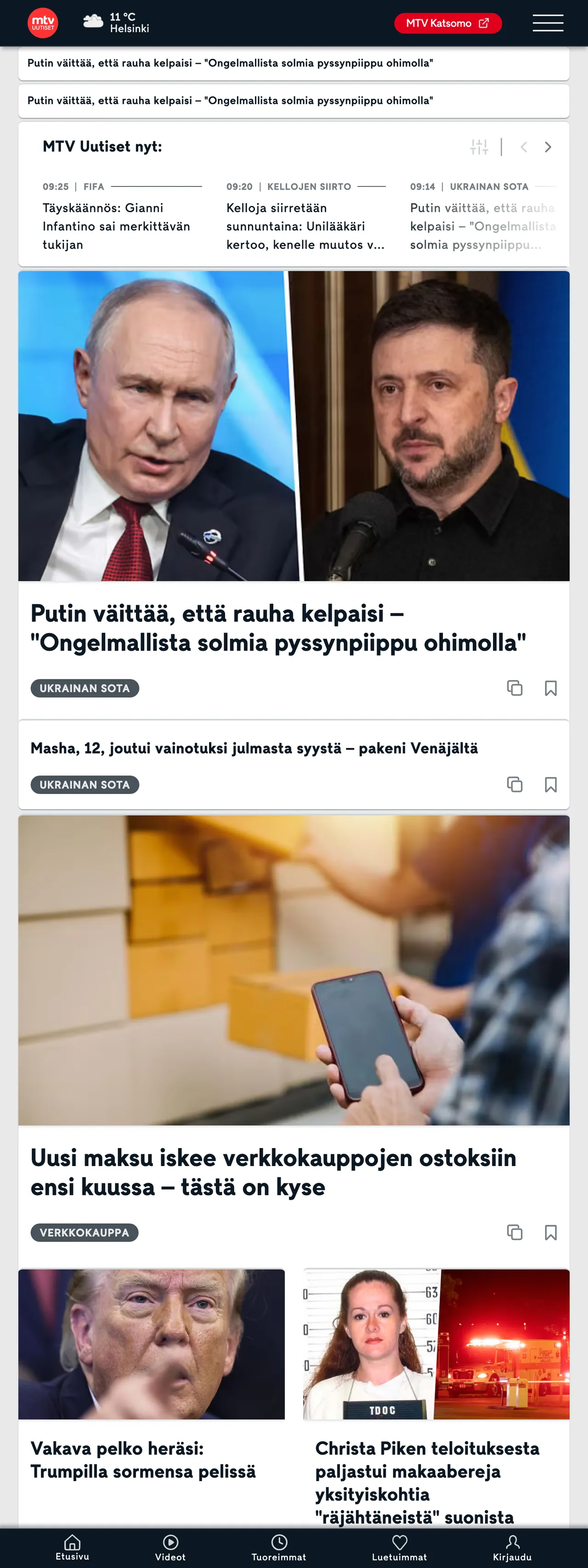 Screenshot of the MTV Uutiset front page