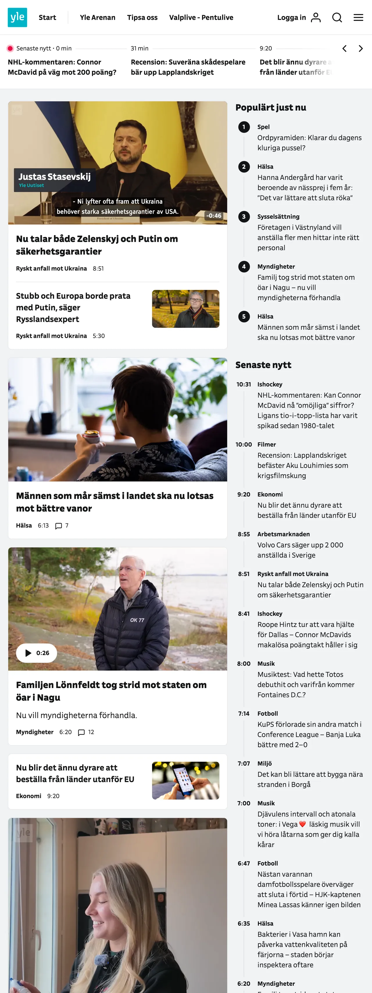 Screenshot of the Svenska Yle front page