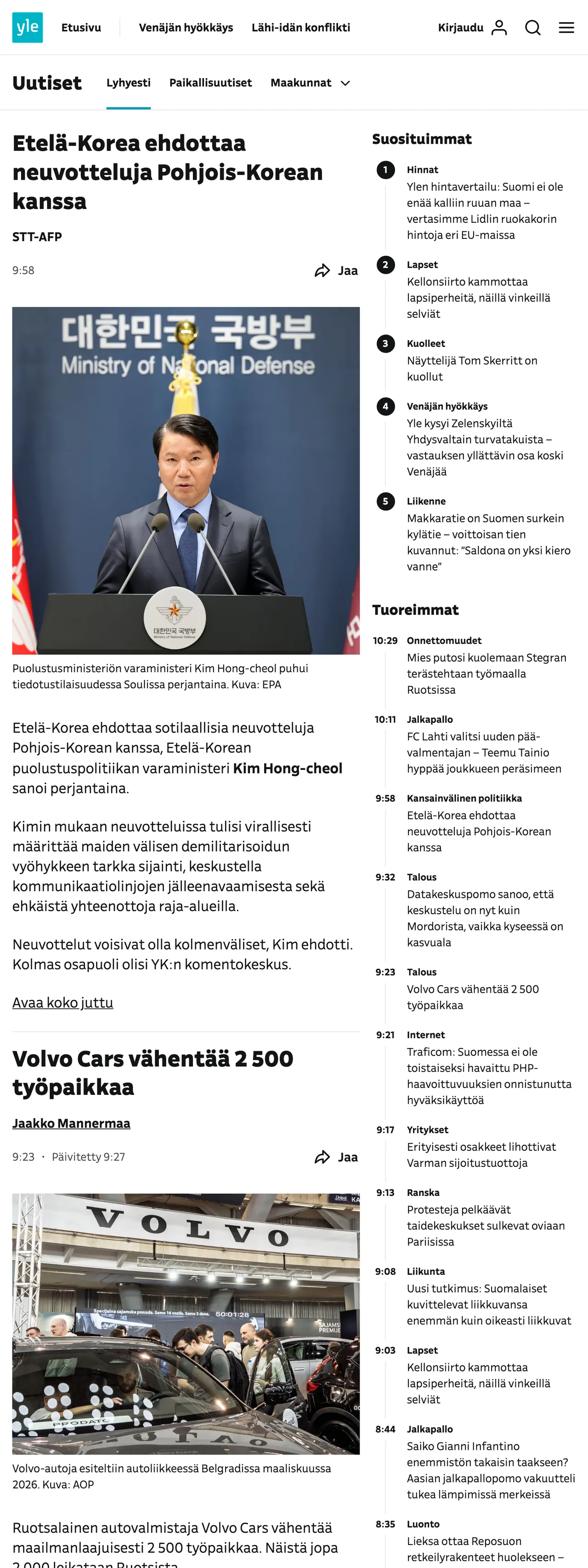Screenshot of the Yle front page