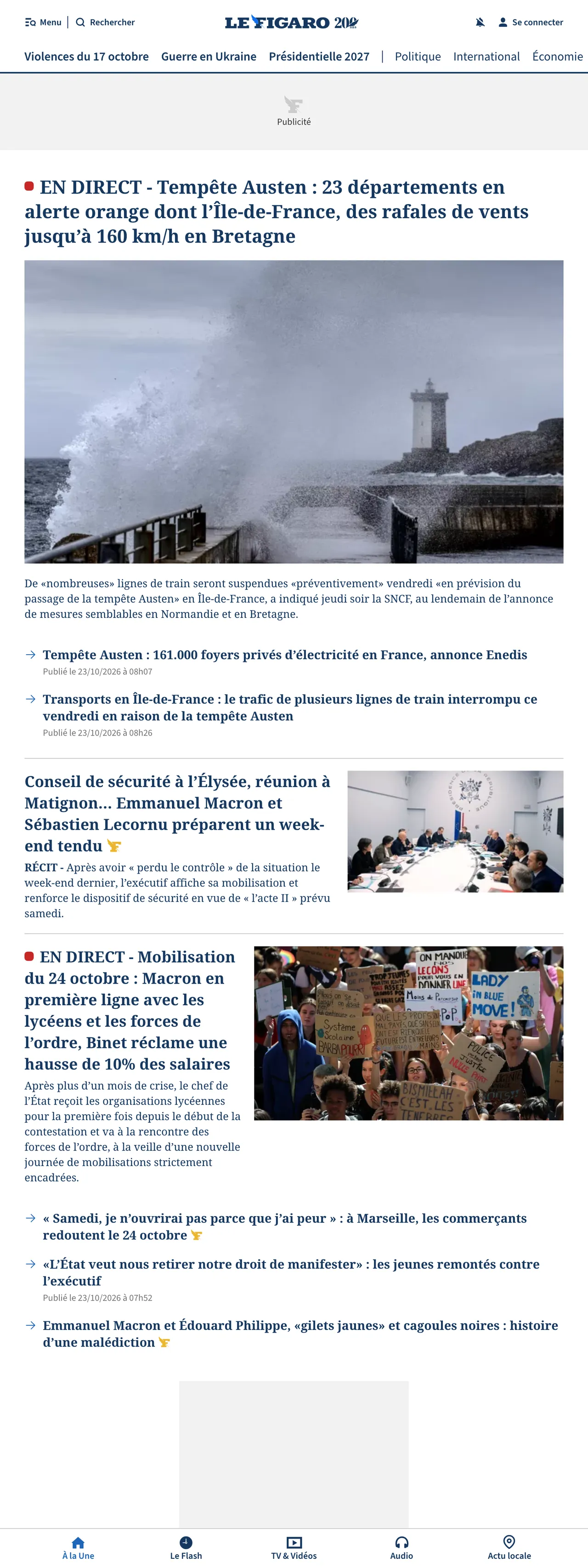Screenshot of the Le Figaro front page
