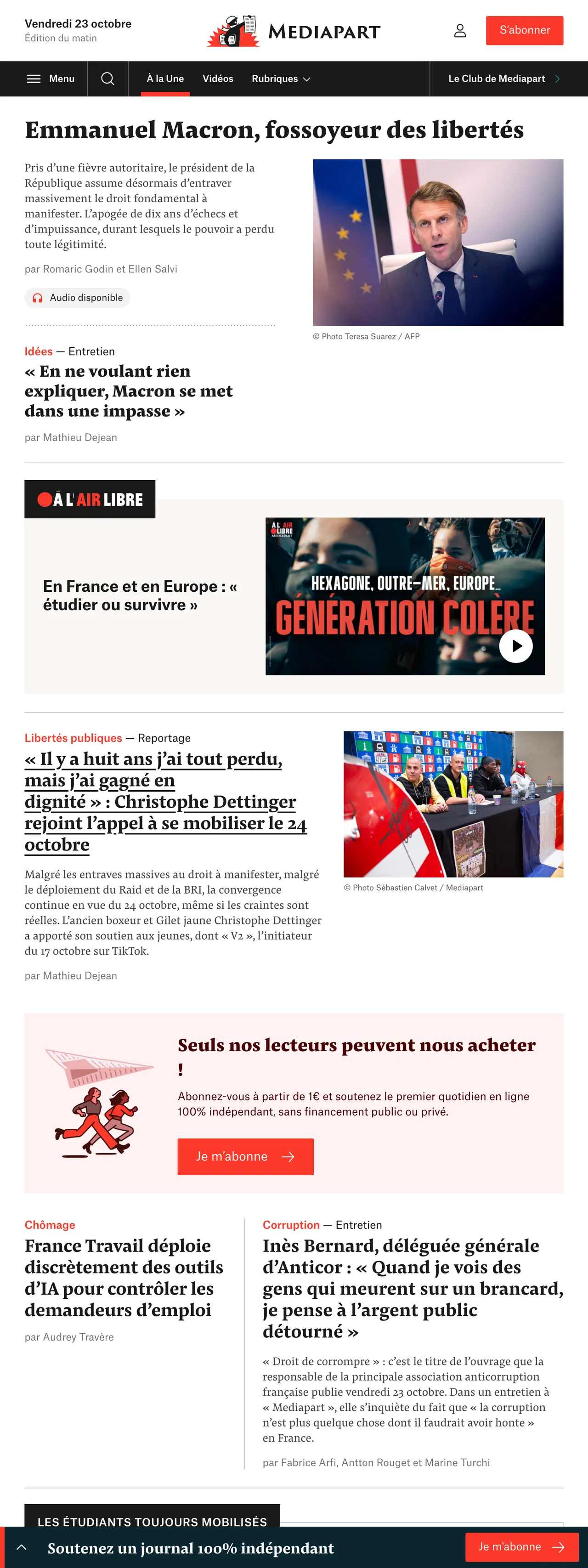 Screenshot of the Mediapart front page