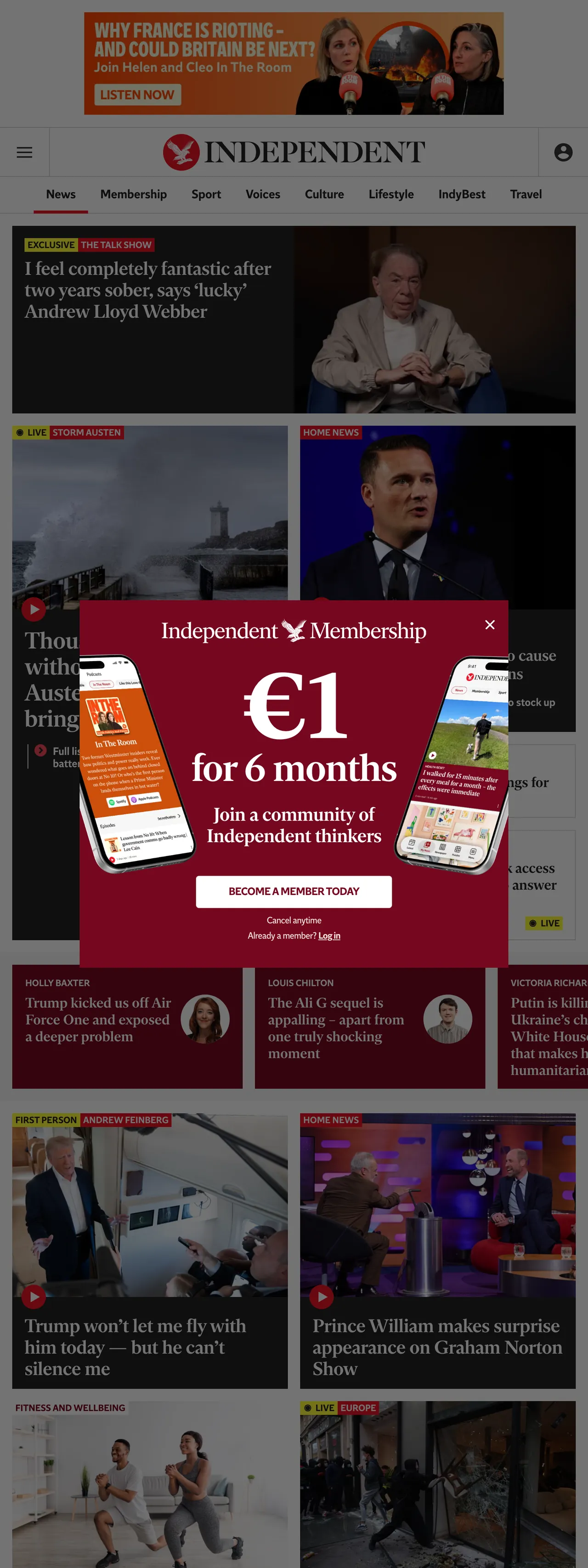 Screenshot of the The Independent front page