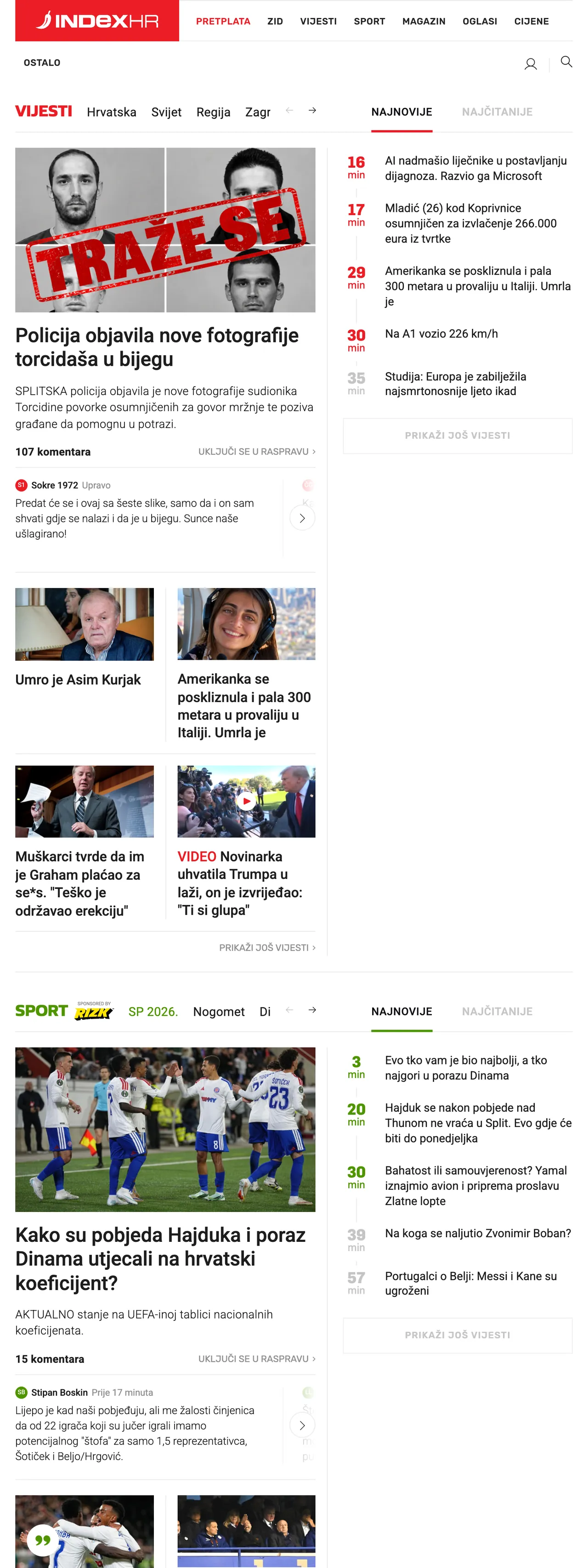 Screenshot of the Index.hr front page