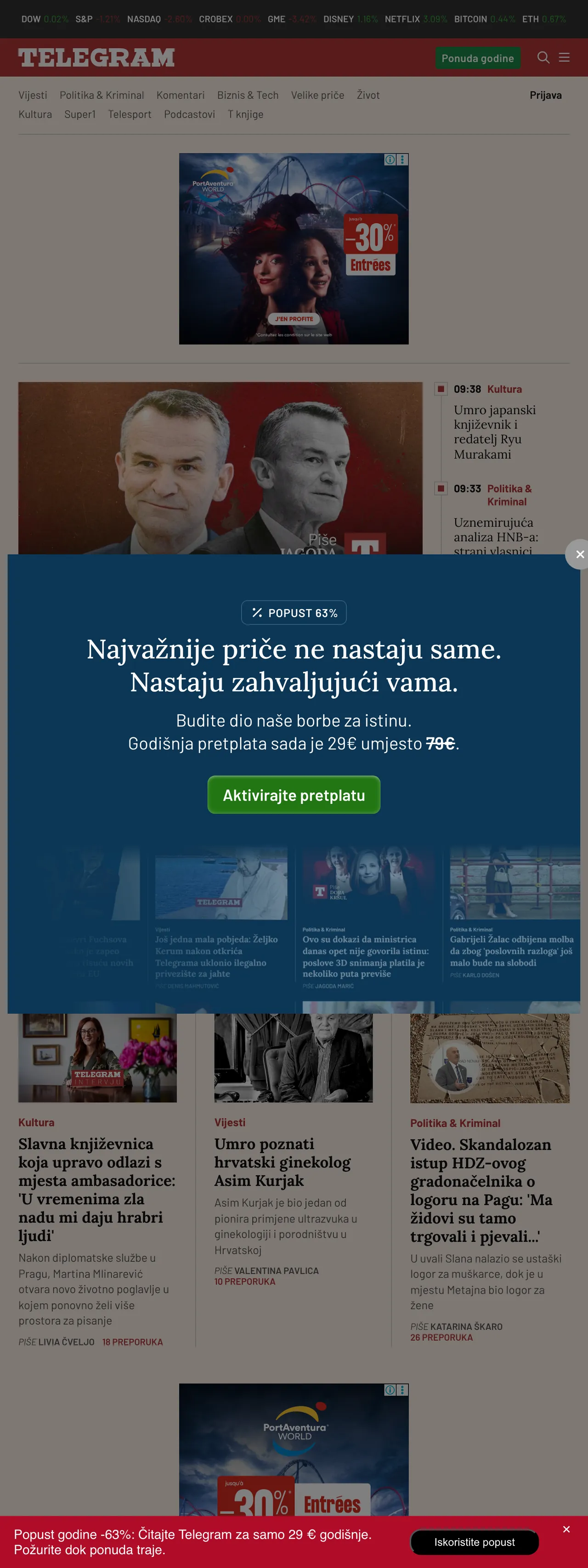 Screenshot of the Telegram.hr front page
