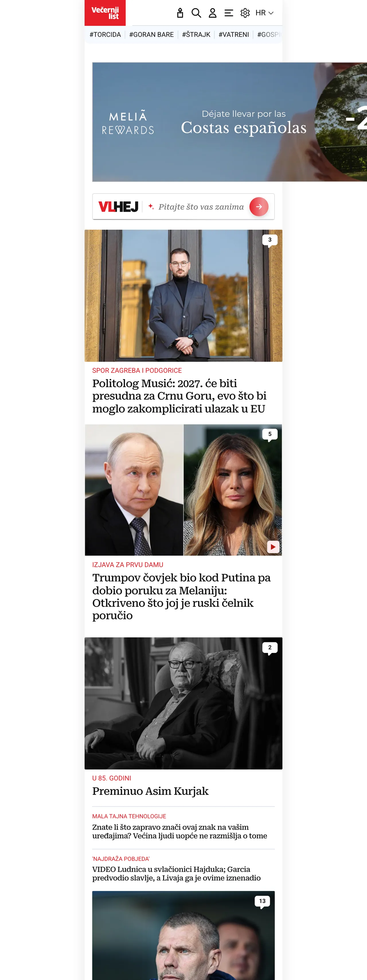 Screenshot of the Večernji list front page