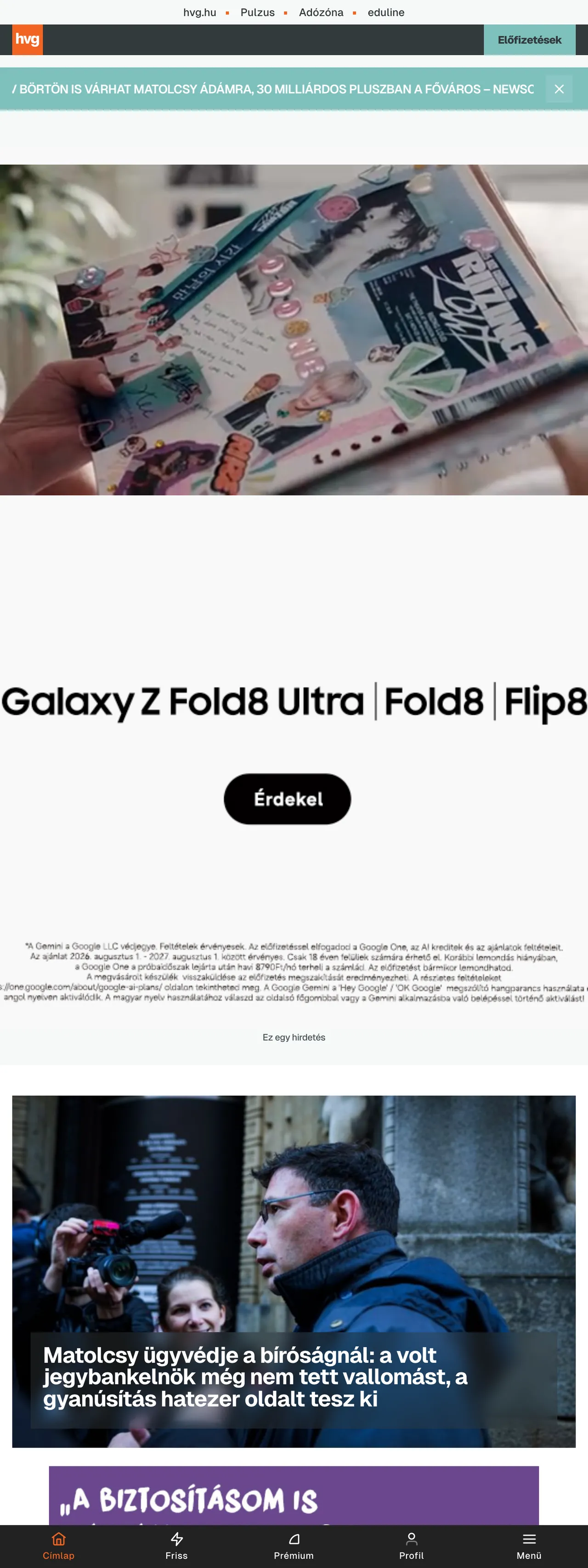 Screenshot of the HVG front page