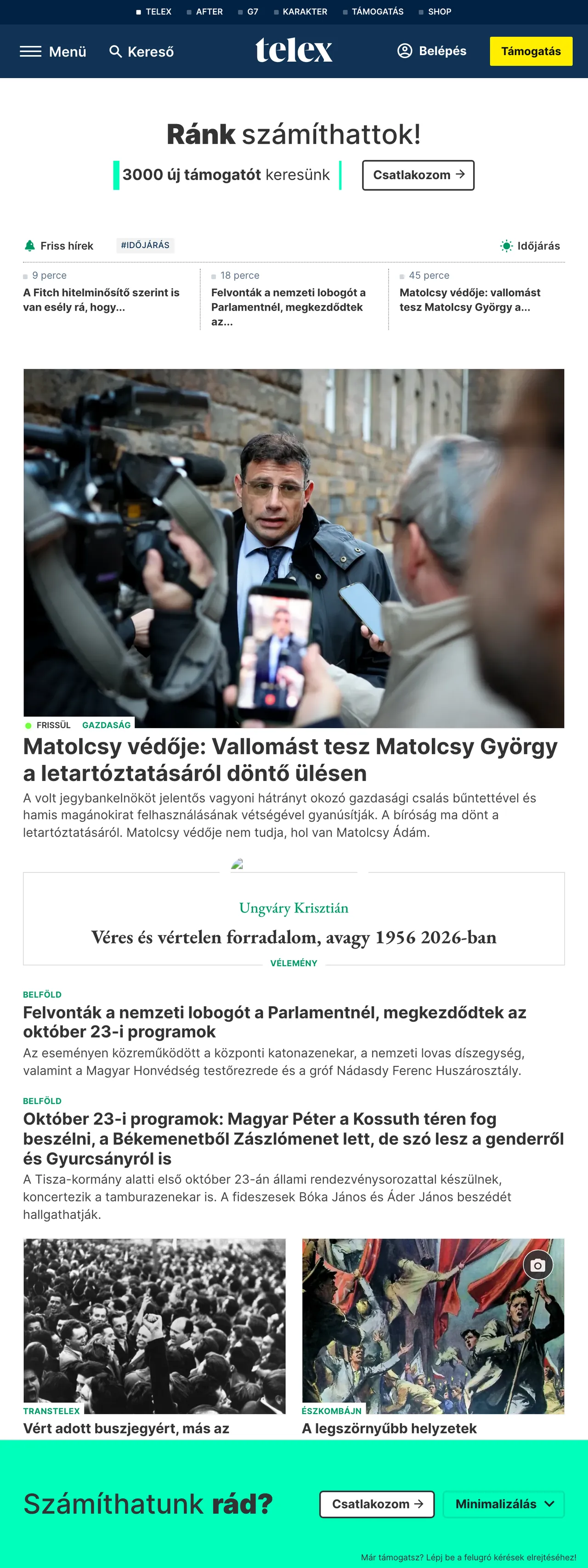 Screenshot of the Telex front page