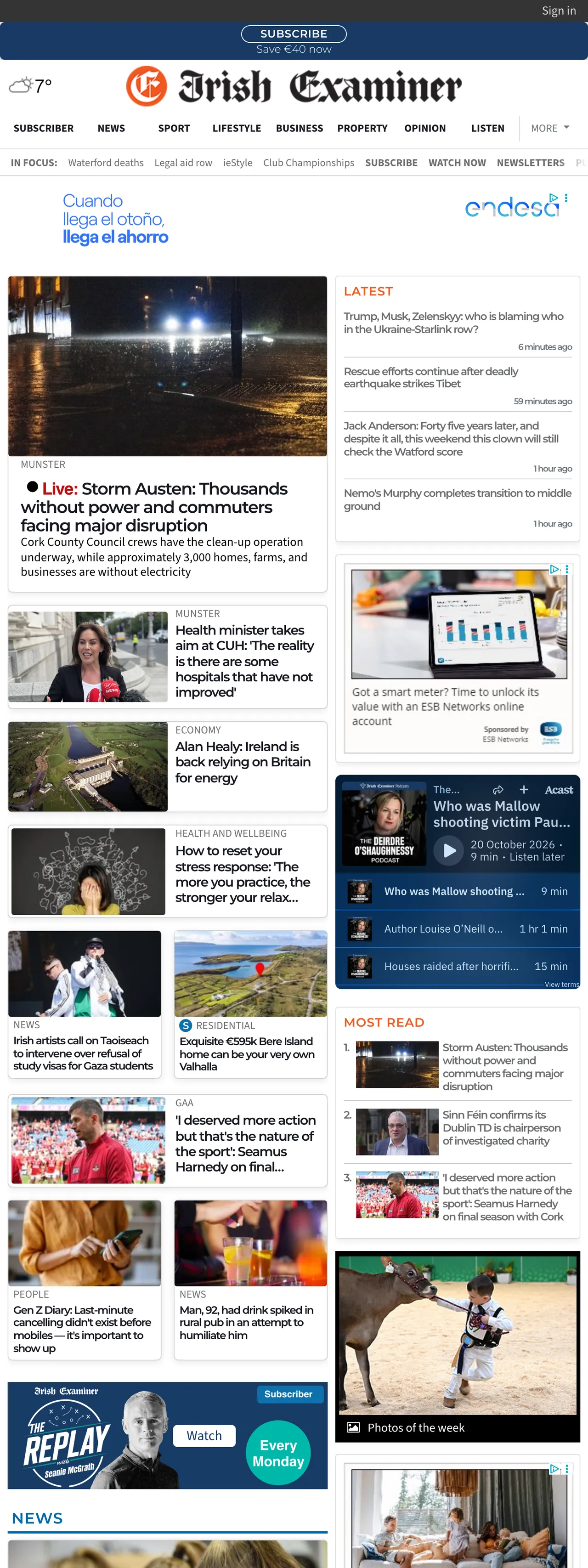 Screenshot of the Irish Examiner front page