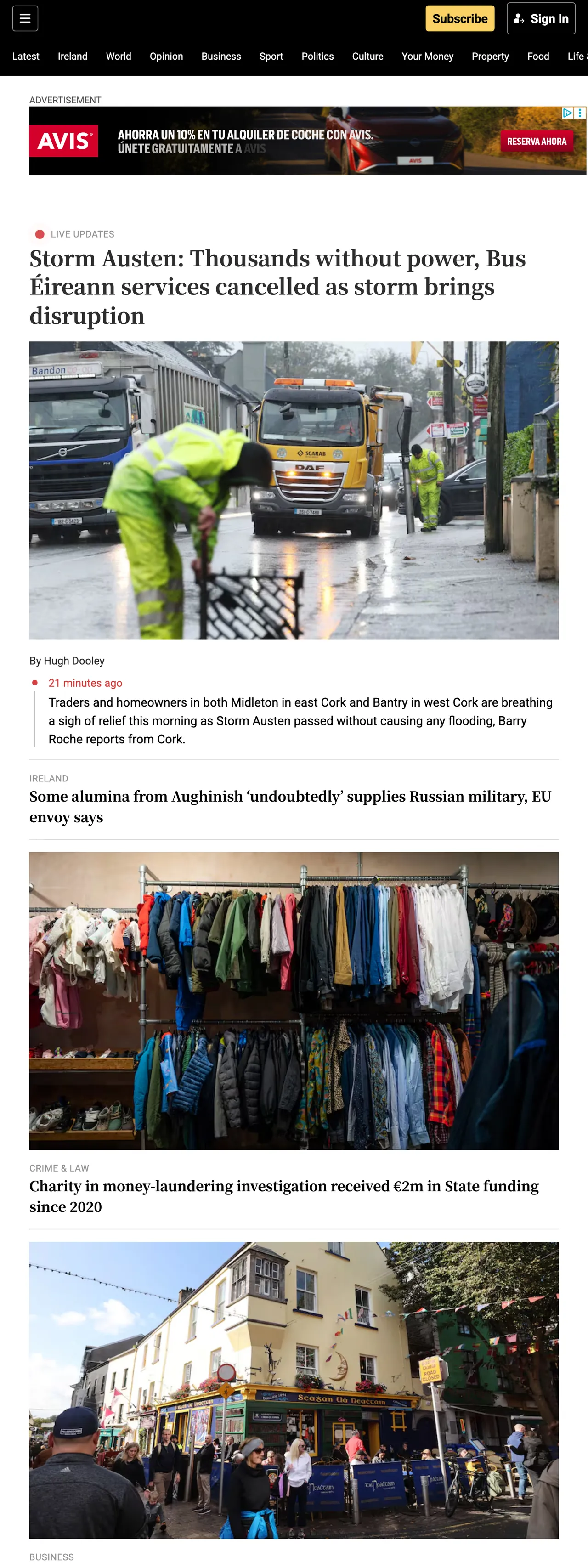 Screenshot of the The Irish Times front page