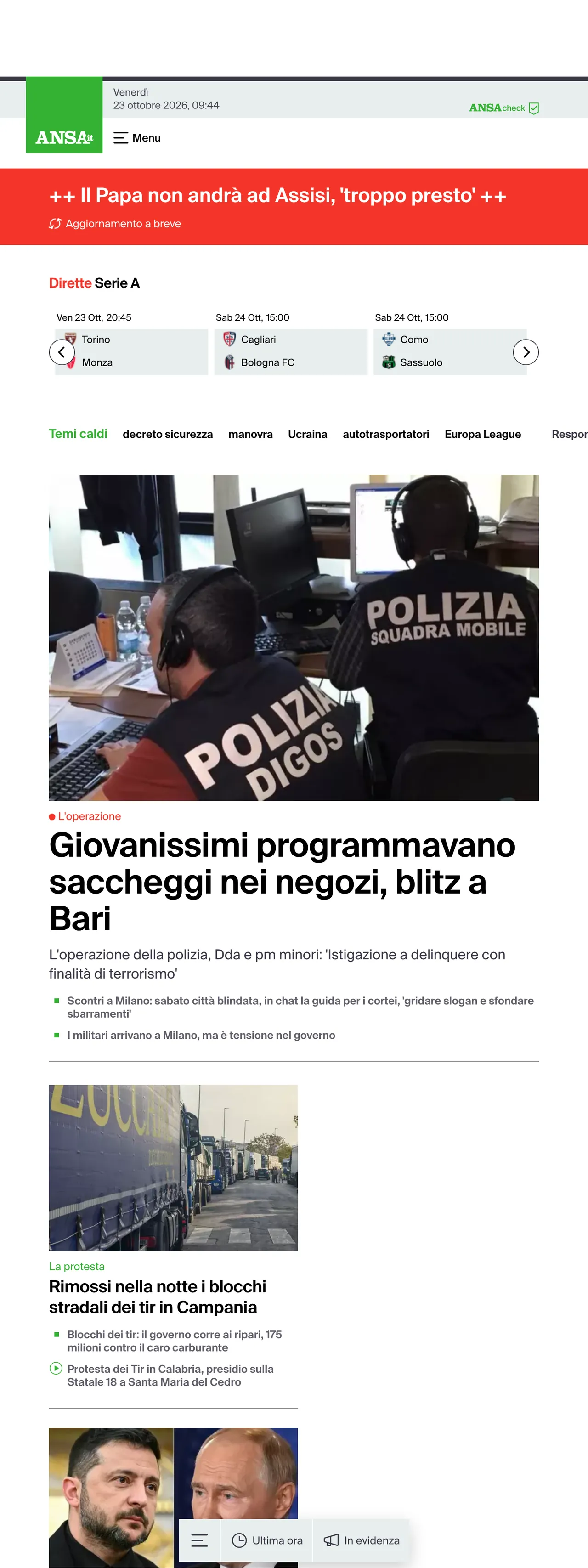 Screenshot of the ANSA front page