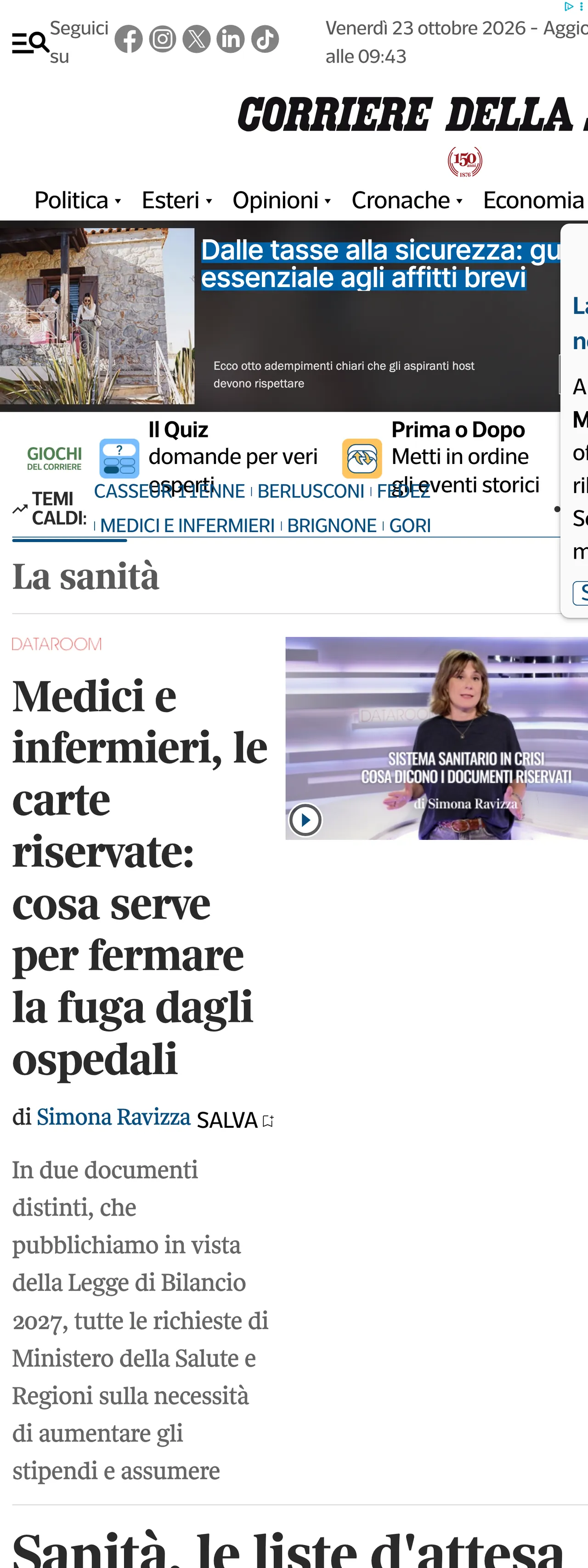 Screenshot of the Corriere della Sera front page