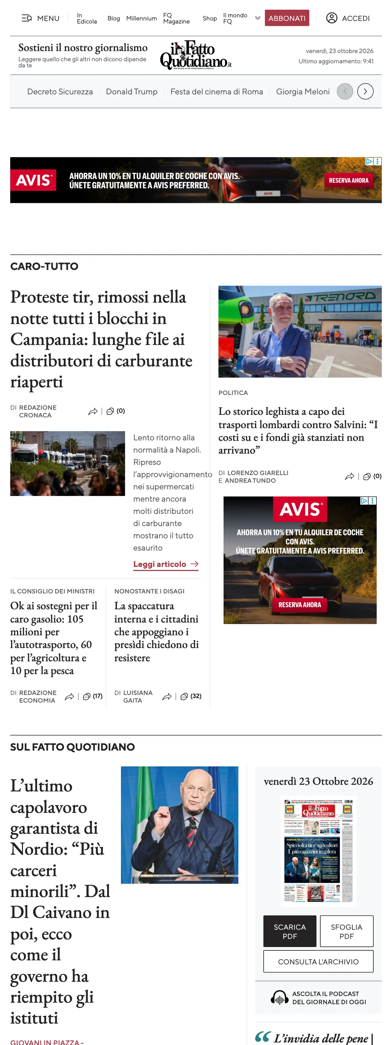 Screenshot of the Il Fatto Quotidiano front page