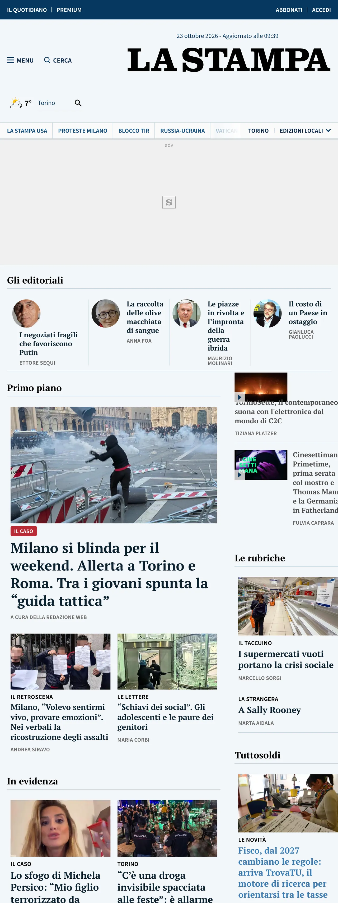 Screenshot of the La Stampa front page